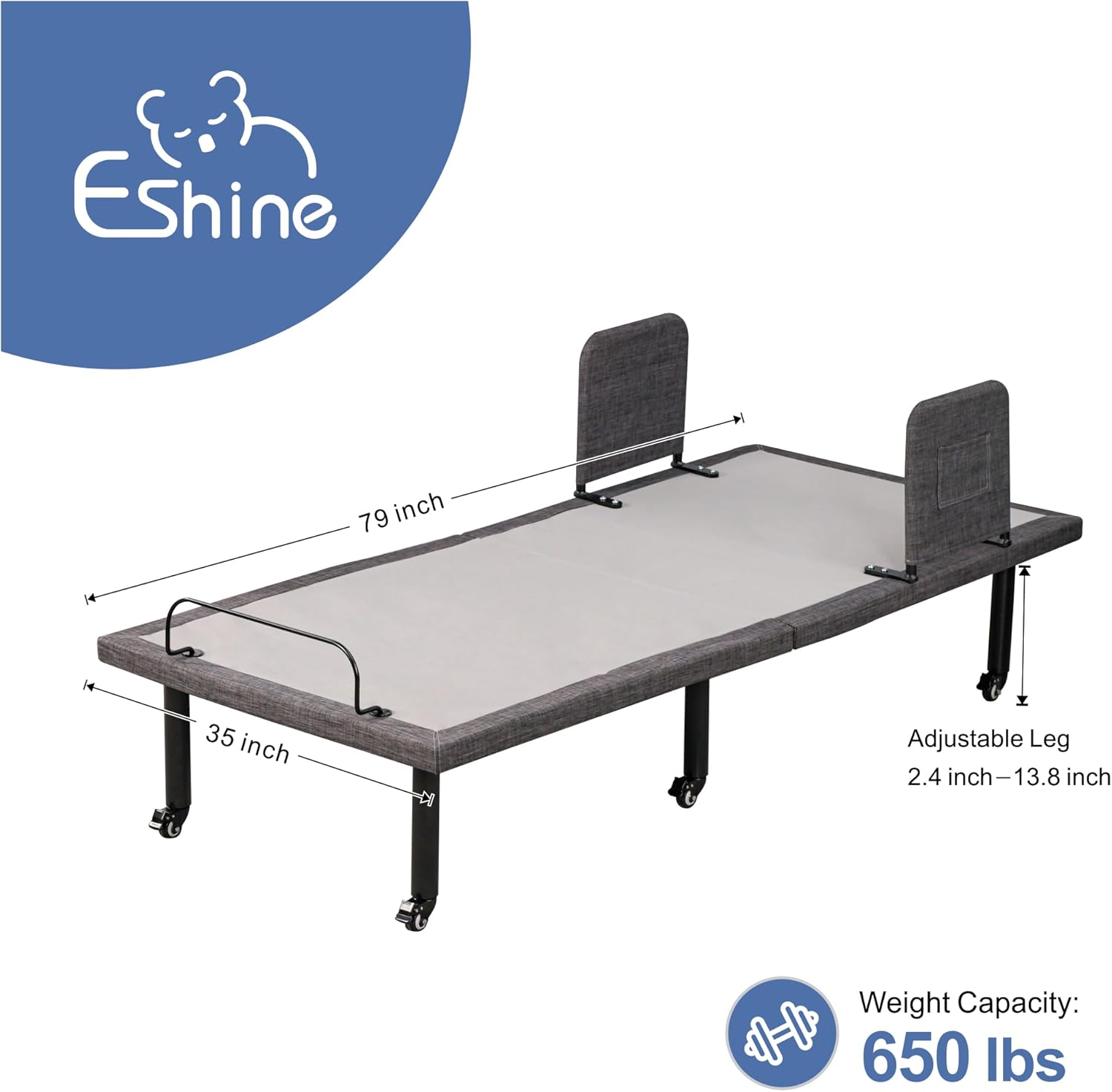 ESHINE Adjustable Bed with 6” Hospital Mattress - Bed Frame with Rails, Adjustable Heights with Wheels, Underbed Night Light, Wireless Remote, Head and Foot Inclined