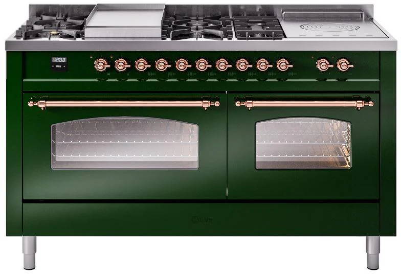 ILVE Nostalgie II 60-Inch Dual Fuel Range with 7 Burners, Griddle, & French Top with Triple Glass Door Oven in Emerald Green with Copper Trim (UP60FSNMPEGP)