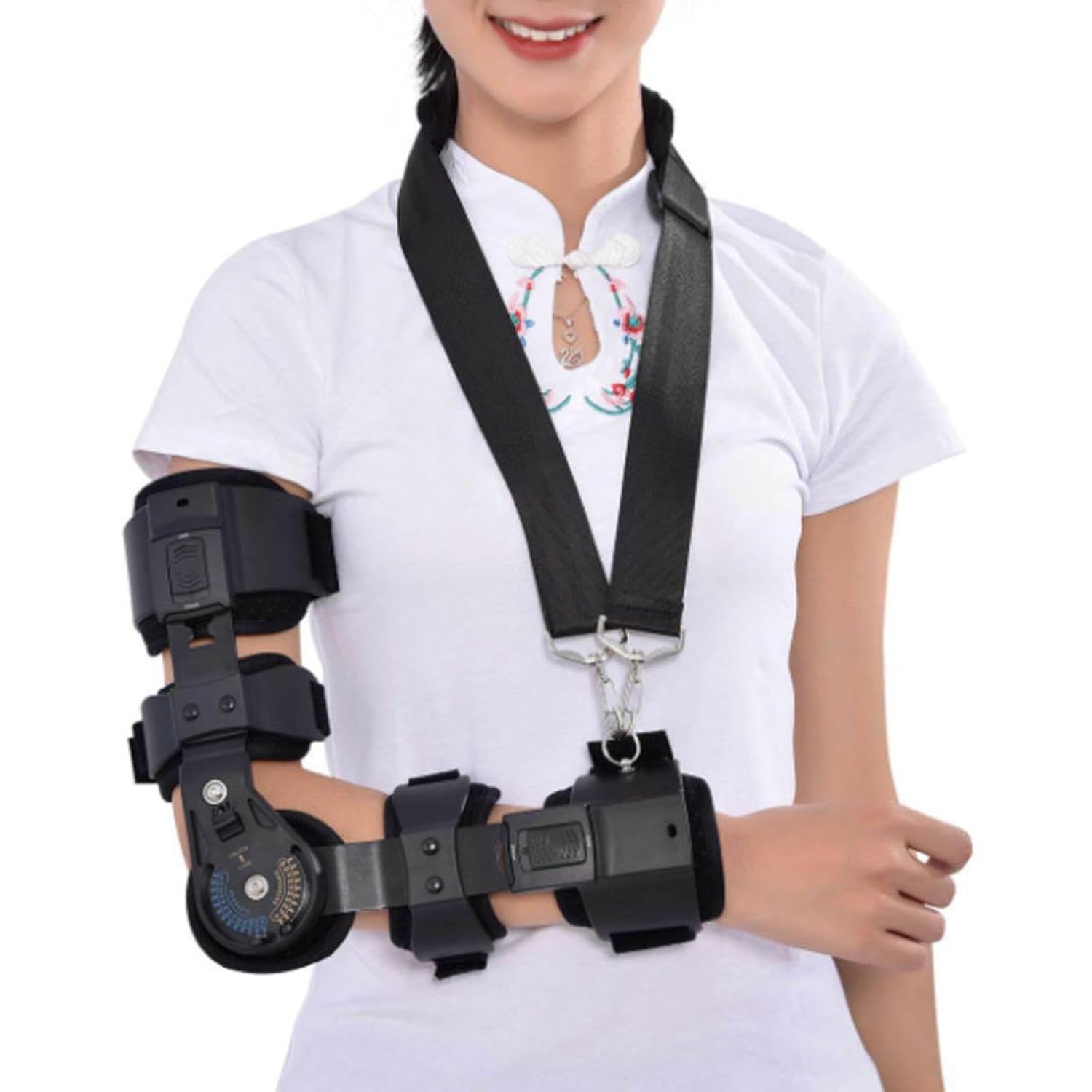 VIDECOR Hinged Elbow Brace (Fits Left & Right) - Range of Motion Support Sling Stabilizer for Dislocated Arm - ROM Adjustable Splint & Shoulder Strap,Left