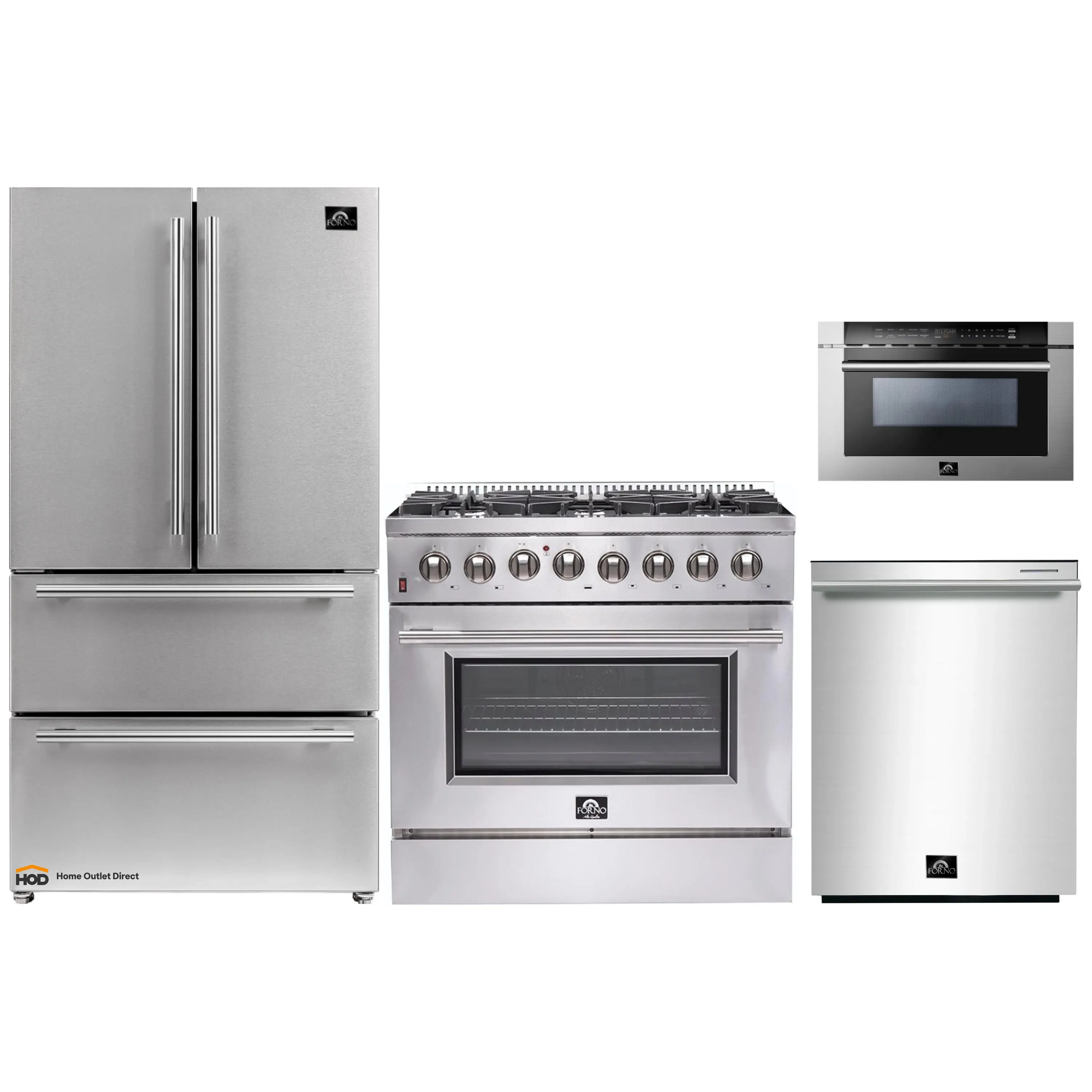 Forno 4-Piece Appliance Package - 36-Inch Dual Fuel Range, Refrigerator, 24-Inch Microwave Drawer, & 3-Rack Dishwasher in Stainless Steel