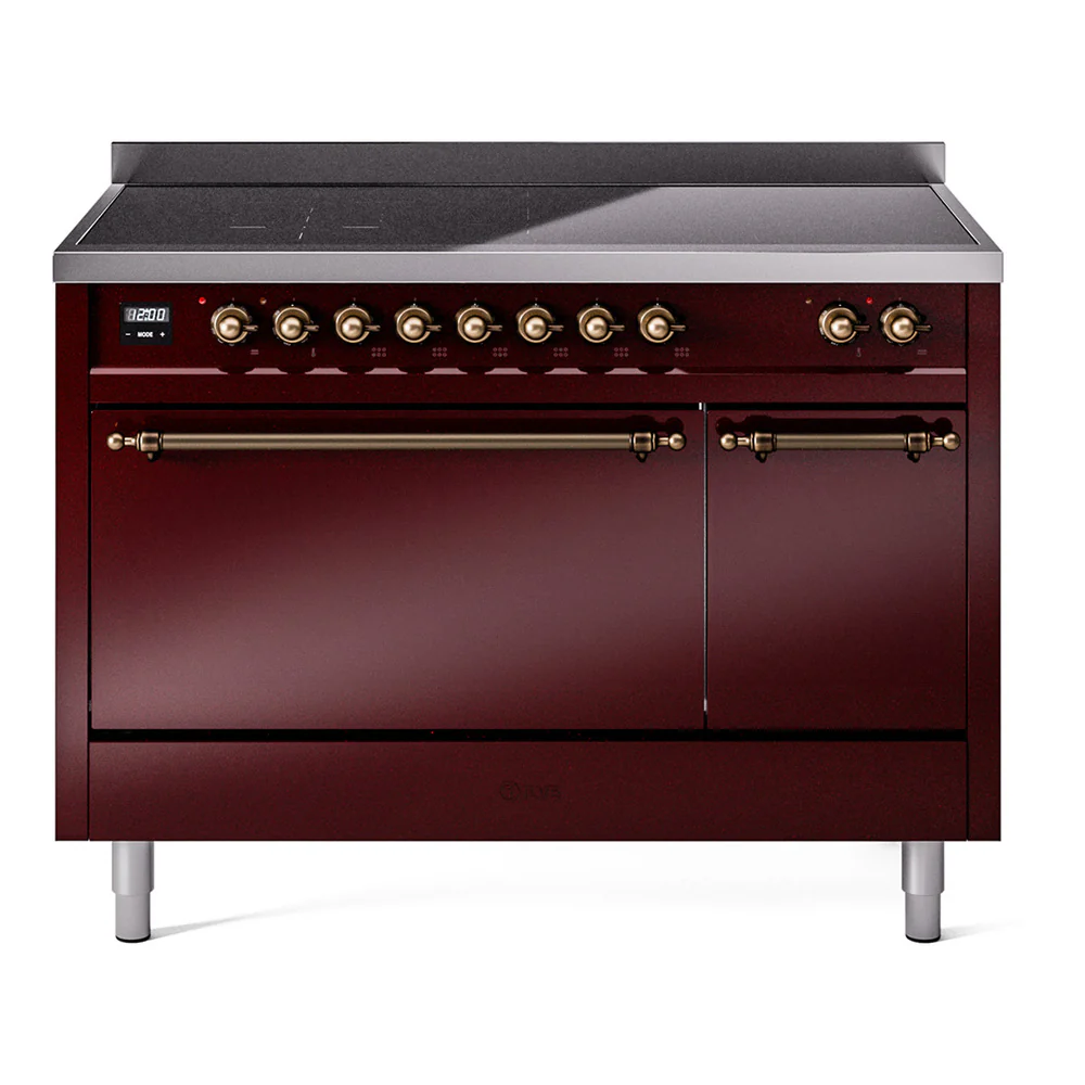 ILVE 48-Inch Nostalgie II Induction Range with Solid Door Oven in Burgundy with Bronze Trim (UPI486QNMPBUB)