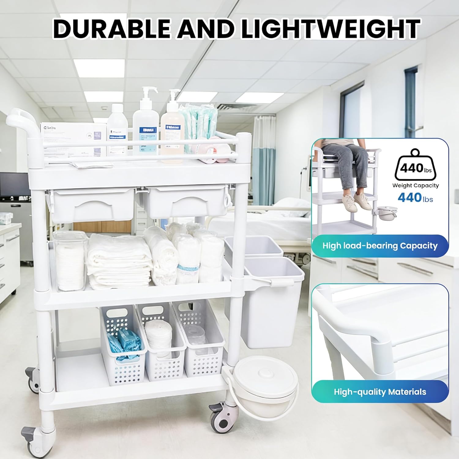 360° Rotate Medical Mobile Trolley Cart with 2 Drawers & 3 Trash Cans, Salon Trolley Cart with 4 Silent Wheels, 440 LBS Max Load White Utility Cart for Hospital Dental Clinic Home
