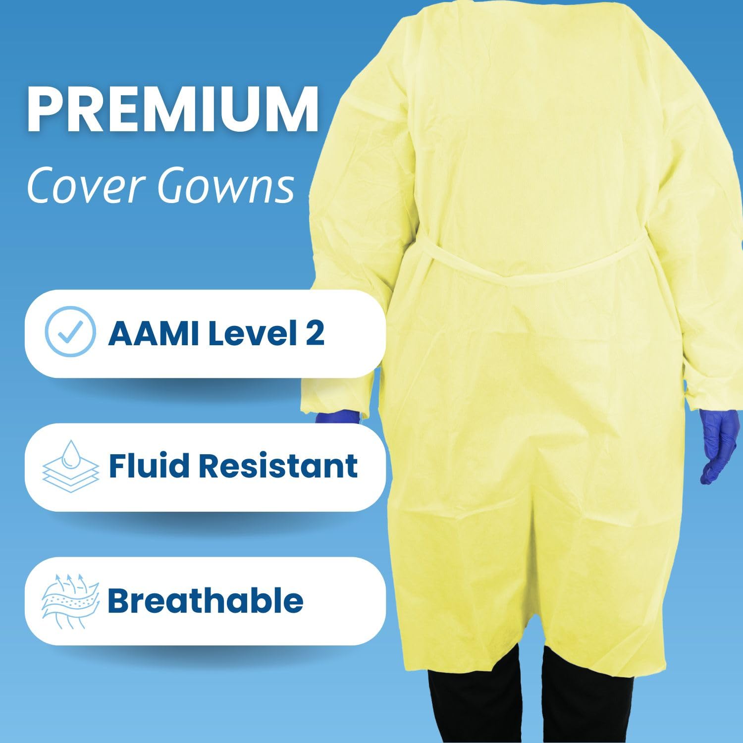 HCS Bulk XL Isolation Gowns - Disposable Gowns, Medical - SMS, AAMI Level 2, PPE Gown Disposable - Elastic Cuffs, Neck Tape & Waist Tie - Home, Clinic, Dentist, Hospital - Yellow Gown (50/Case)