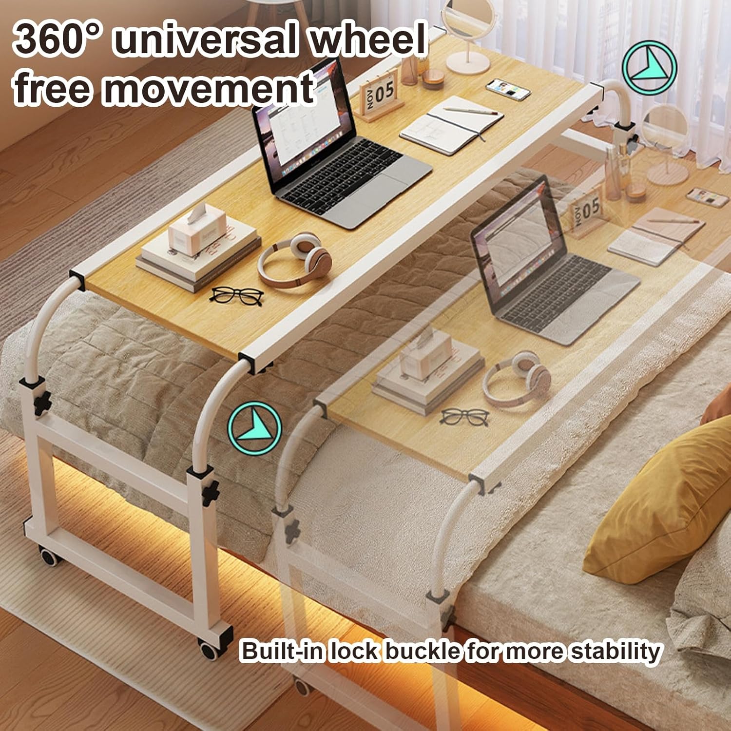 Overbed Desk, Overbed Table with Wheels, Rolling Desk Over Bed Adjustable Height, Queen Size Mobile Computer Desk, Over Bed Desk Rolling Medical Table, for Hospital and Home