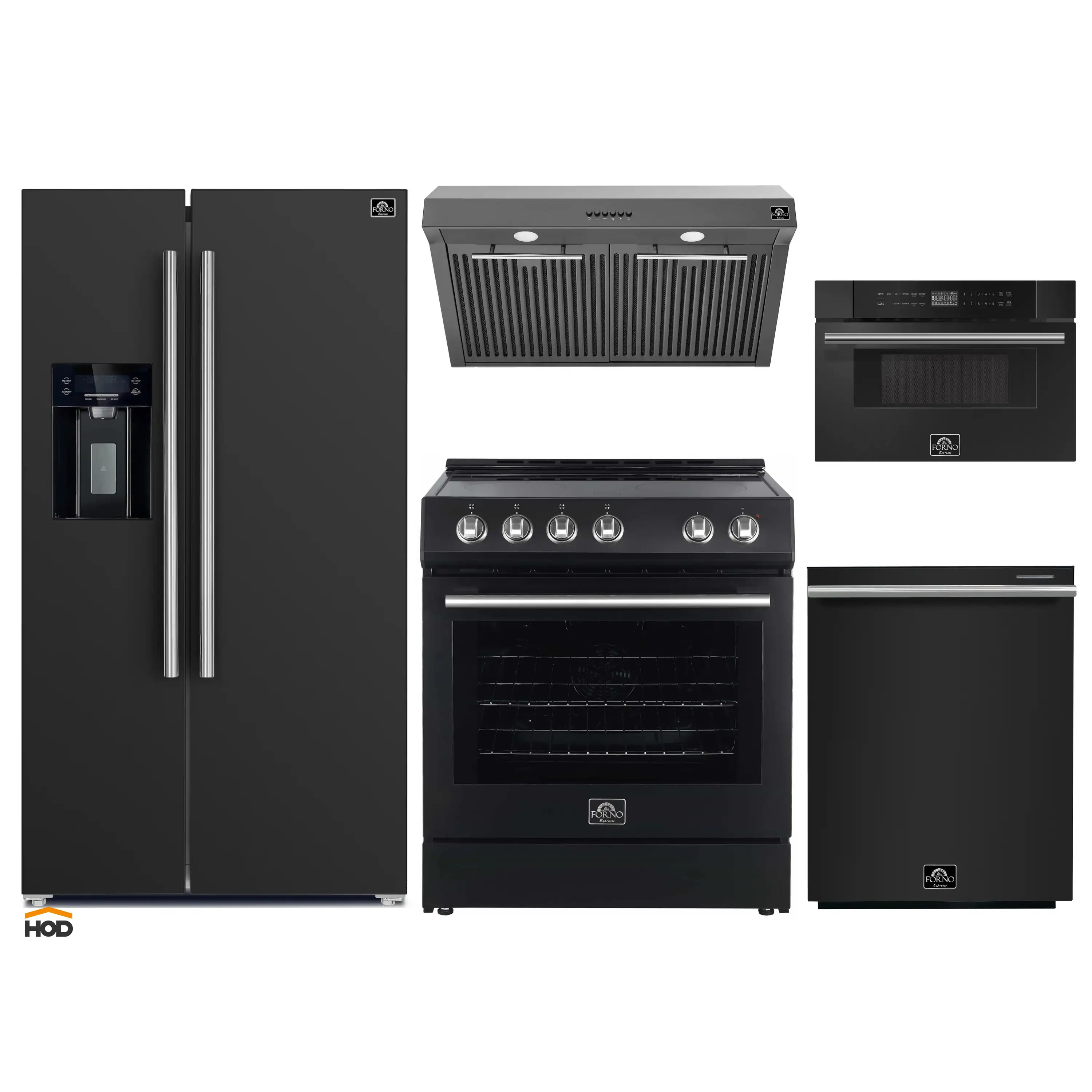 Forno 5-Piece Appliance Package - 30-Inch Electric Range, Under Cabinet Range Hood, Refrigerator with Water Dispenser, Dishwasher, and 30-Inch Microwave Drawer in Black with Stainless Steel Trim