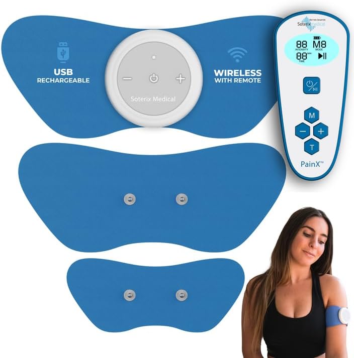 Soterix Medical PainX TENS Wireless Tens Unit Muscle Stimulator with EMS - FSA Tens Unit for Back Pain, Knee, Neck and Face with USB Rechargeable Device and Remote, Designed in USA, 4 Electrode Pads
