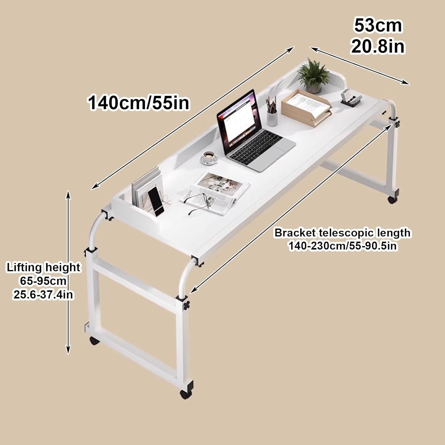Over Bed Table with Wheels, Table Over Bed, Adjustable Overbed Table, Adjustable Height and Width Office Desk, Standing Workstation Laptop Cart, for Laptop, Eating, Home, Hospital (Color : W