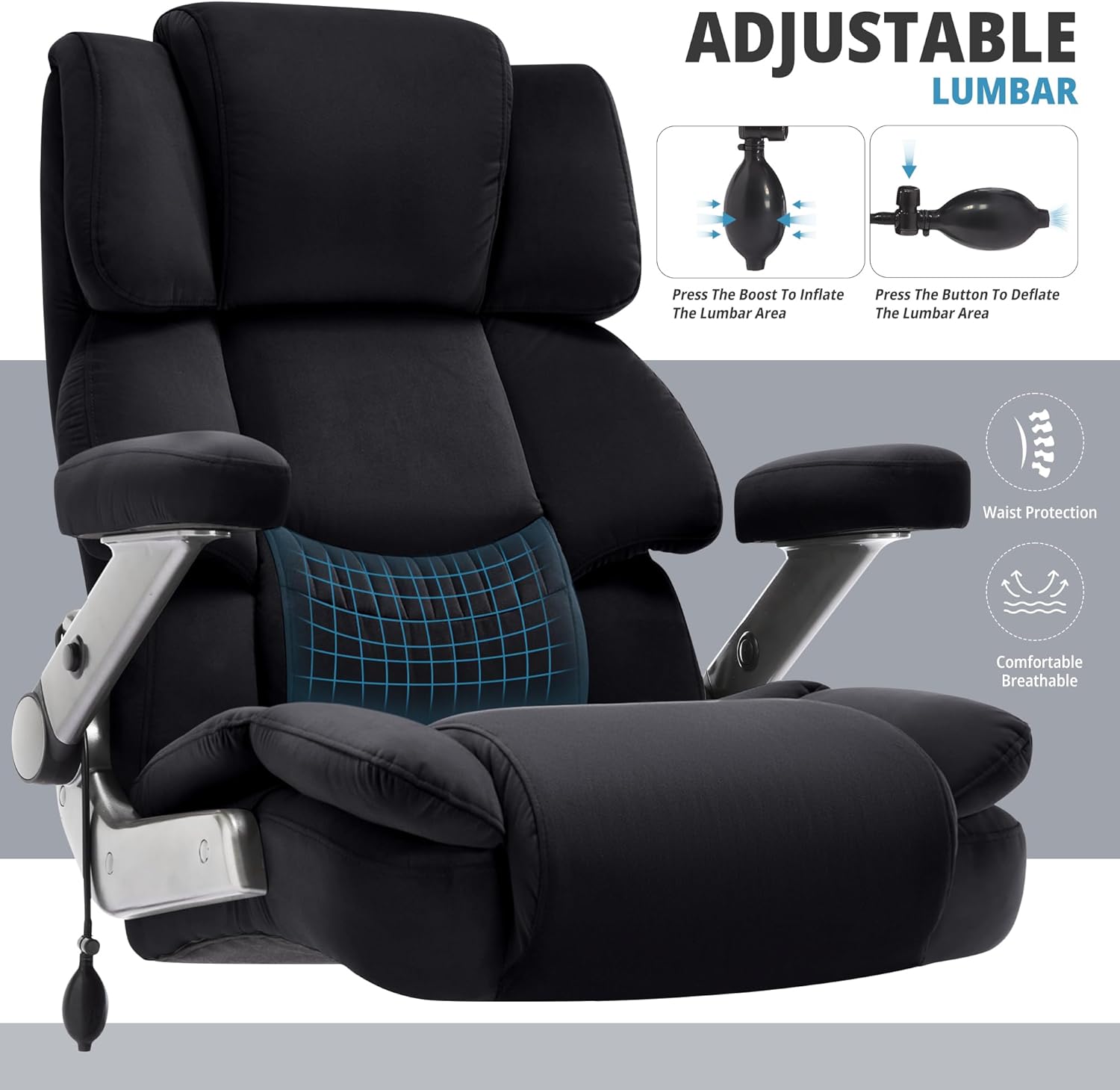 Fabric Big and Tall Office Chair 700lbs-High Back Executive Cloth Computer Chair with Adjustable Lumbar Support 3D Flip Arms Plus Size Rubber Wheels-Extra Wide Large Desk Chairs, Heavy Duty Metal Base