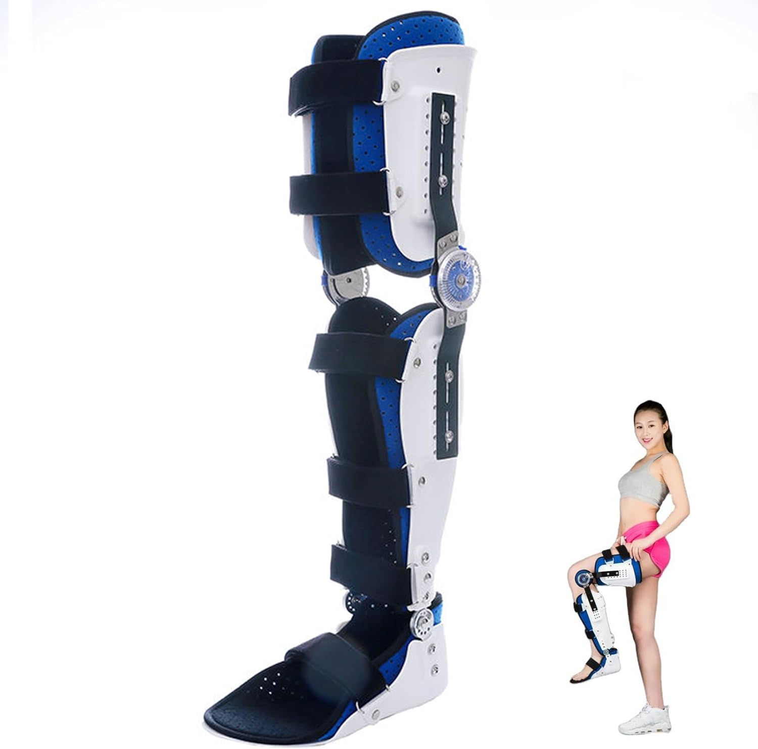 Knee Support Brace, Hinged Knee Ankle Foot Orthosis Brace Adjustable Knee Joint Fixed Brace for Legs Fracture Rehabilitation Equipment, Soft and Breathable,Right,L