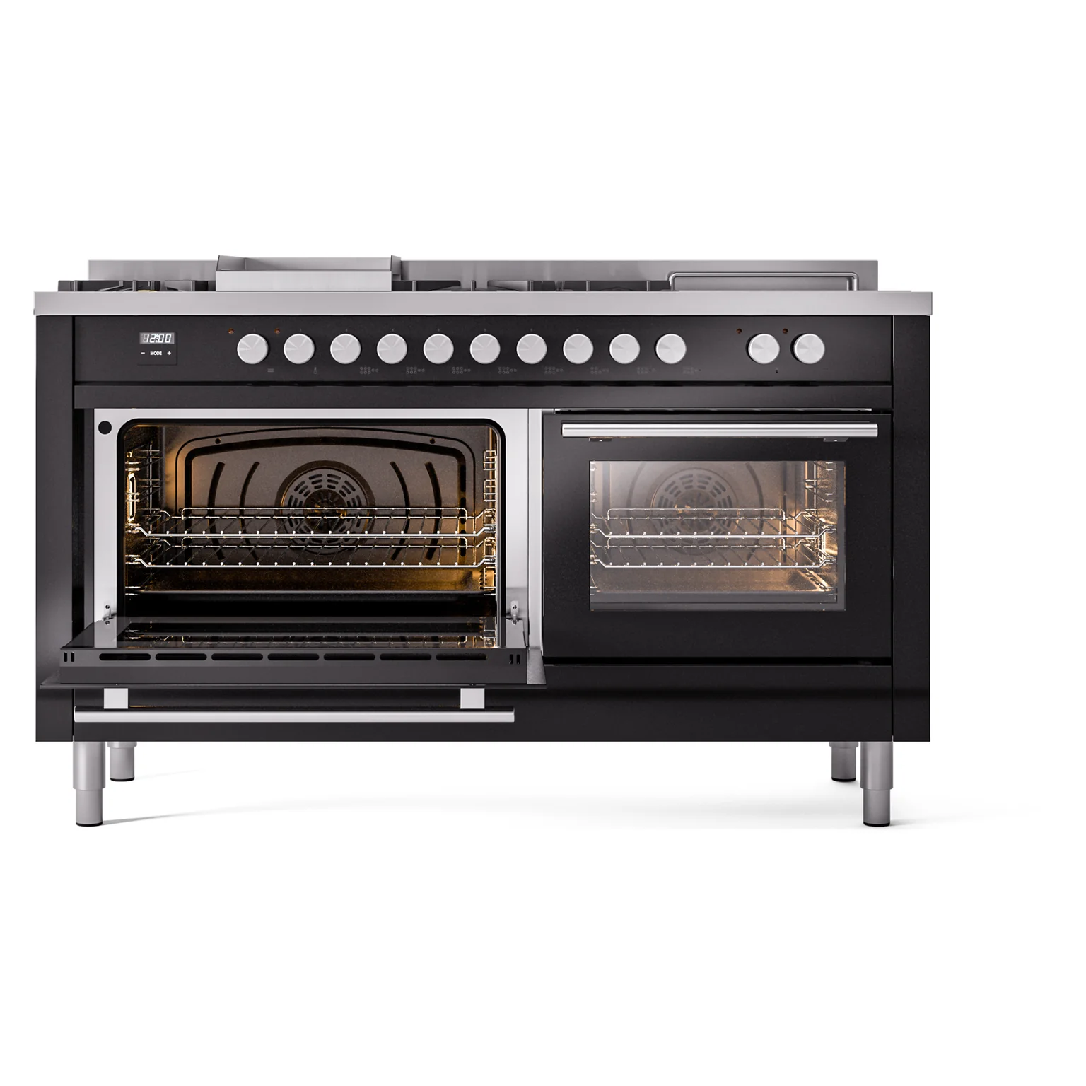 ILVE Professional Plus II 60-Inch Dual Fuel Range with 7 Burners, Griddle, & French Top with Solid Door Oven in Glossy Black (UP60FSQMPBK)
