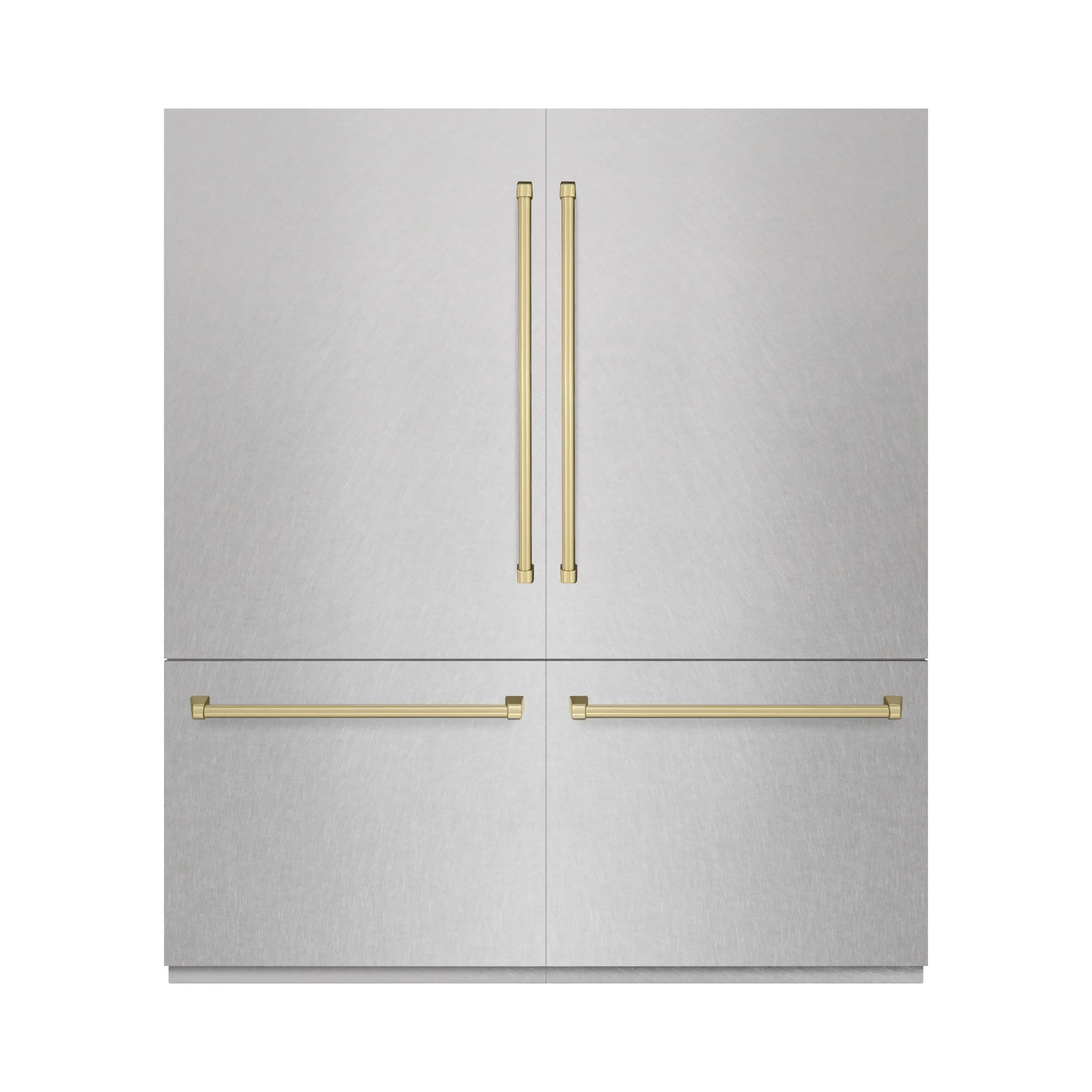ZLINE Autograph Edition 72-Inch 39.6 Cu. Ft. French Door Built-In Bottom Freezer Refrigerator with Water Dispensers and Ice Makers in Satin Stainless Steel and Champagne Bronze Accents (RBITZ-SN-72-CB)