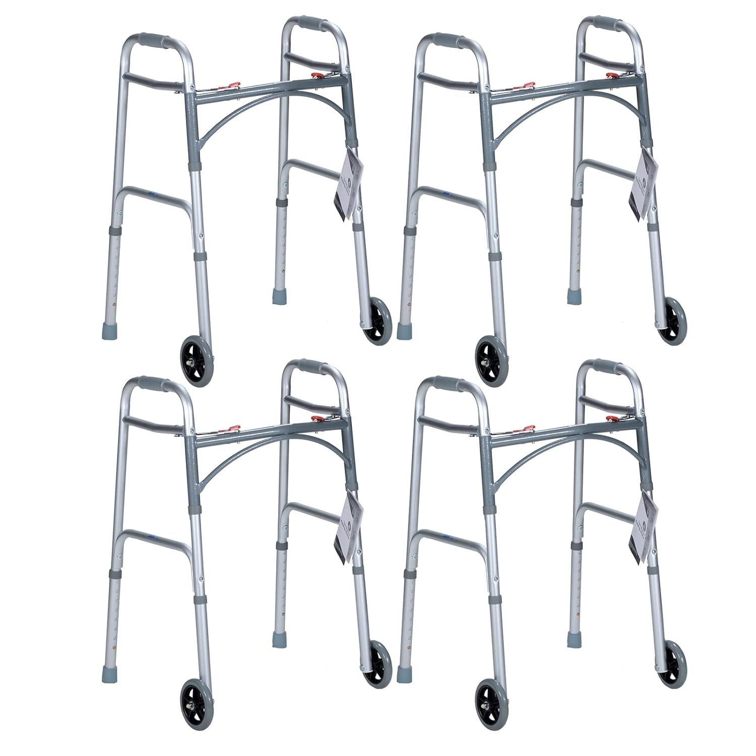 Dynarex Junior Two-Button Folding Walker with Wheels has Tool-Free Adjustable Height up to 32.5” & 300 Pound Weight Capacity, Silver, 4 Junior Two-Button Folding Walkers with Wheels