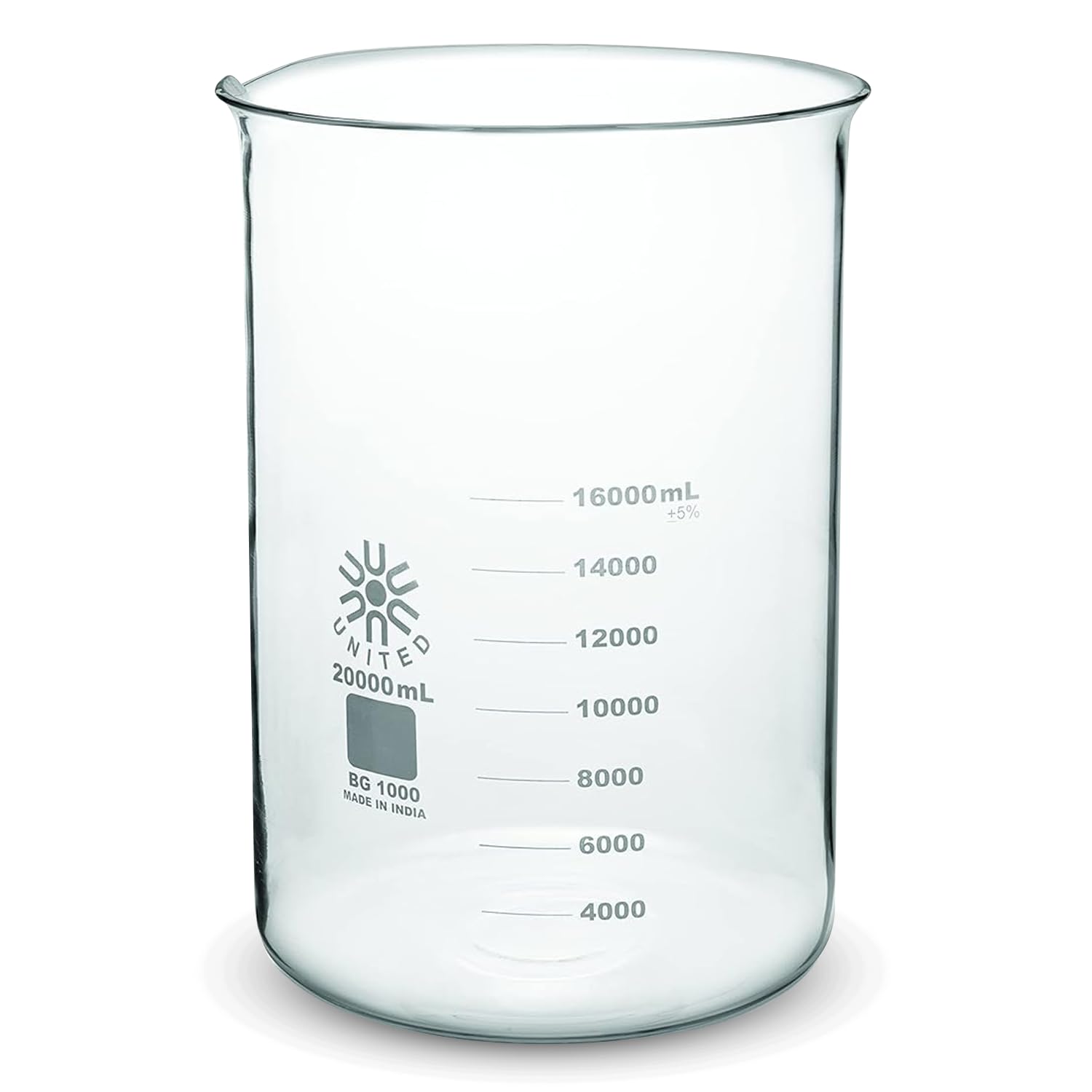United Scientific™ (20,000mL) 20 Liter Glass Beaker - Low Form Griffin, Double Scale Graduation Chemistry Glassware, 3.3 Borosilicate Glass Beaker with Pour Spout, Beaded Rim and Autoclavable, 1 Each