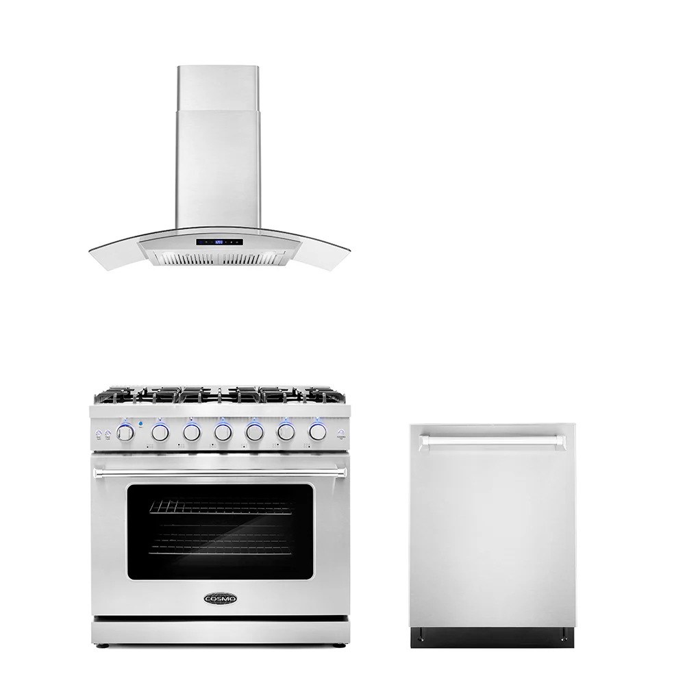 Cosmo 3 - Piece Appliance Package - 36-Inch Gas Range, 36-Inch Wall Mount Range Hood and 24-Inch Dishwasher (COS-3PKG-040)
