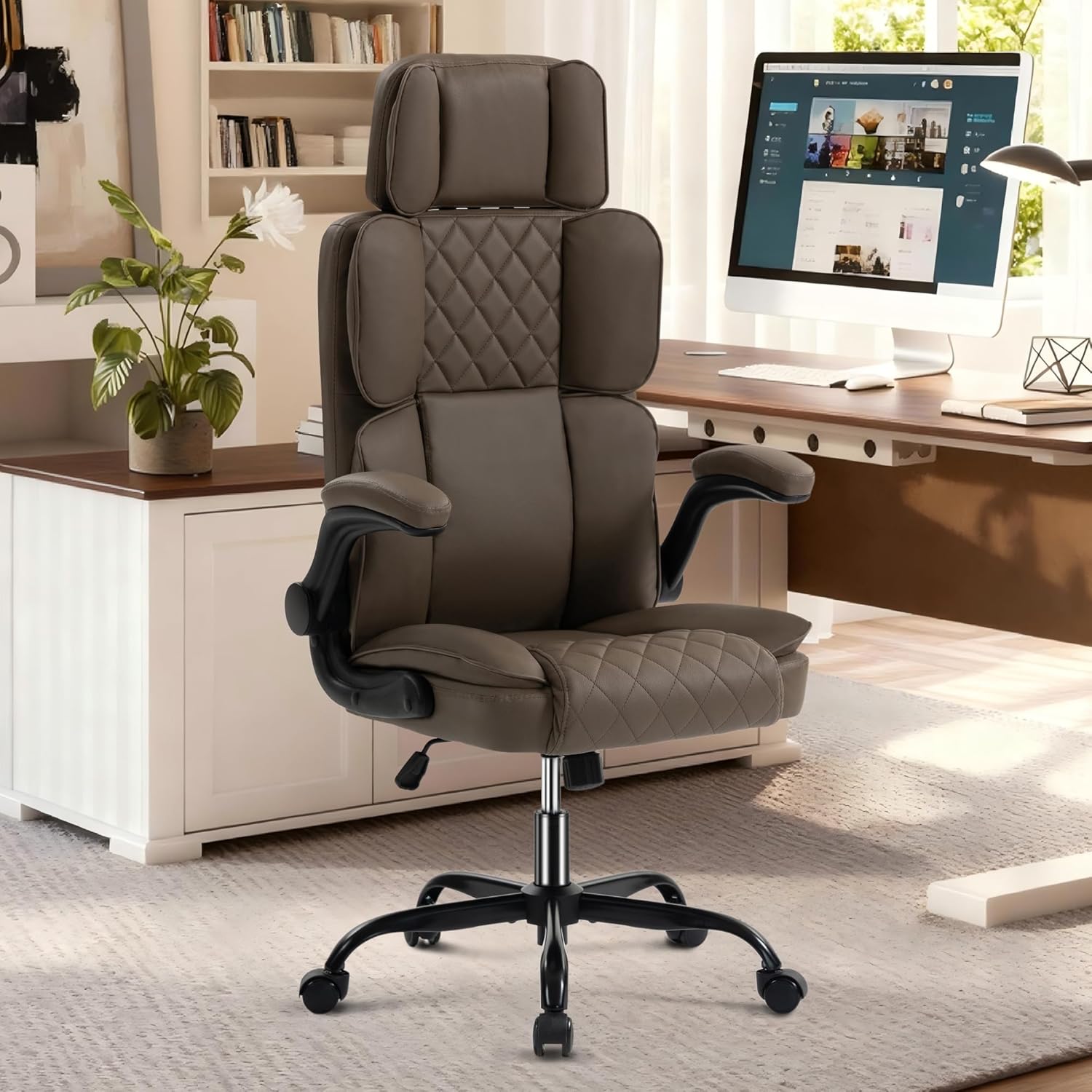 Leather Office Chair with Adjustable Headrest, Padded Flip-Up Armrests, Executive Home Office Desk Chairs with Ergonomic Back Support, Swivel Rolling Computer Chair for Work, Study, Brown