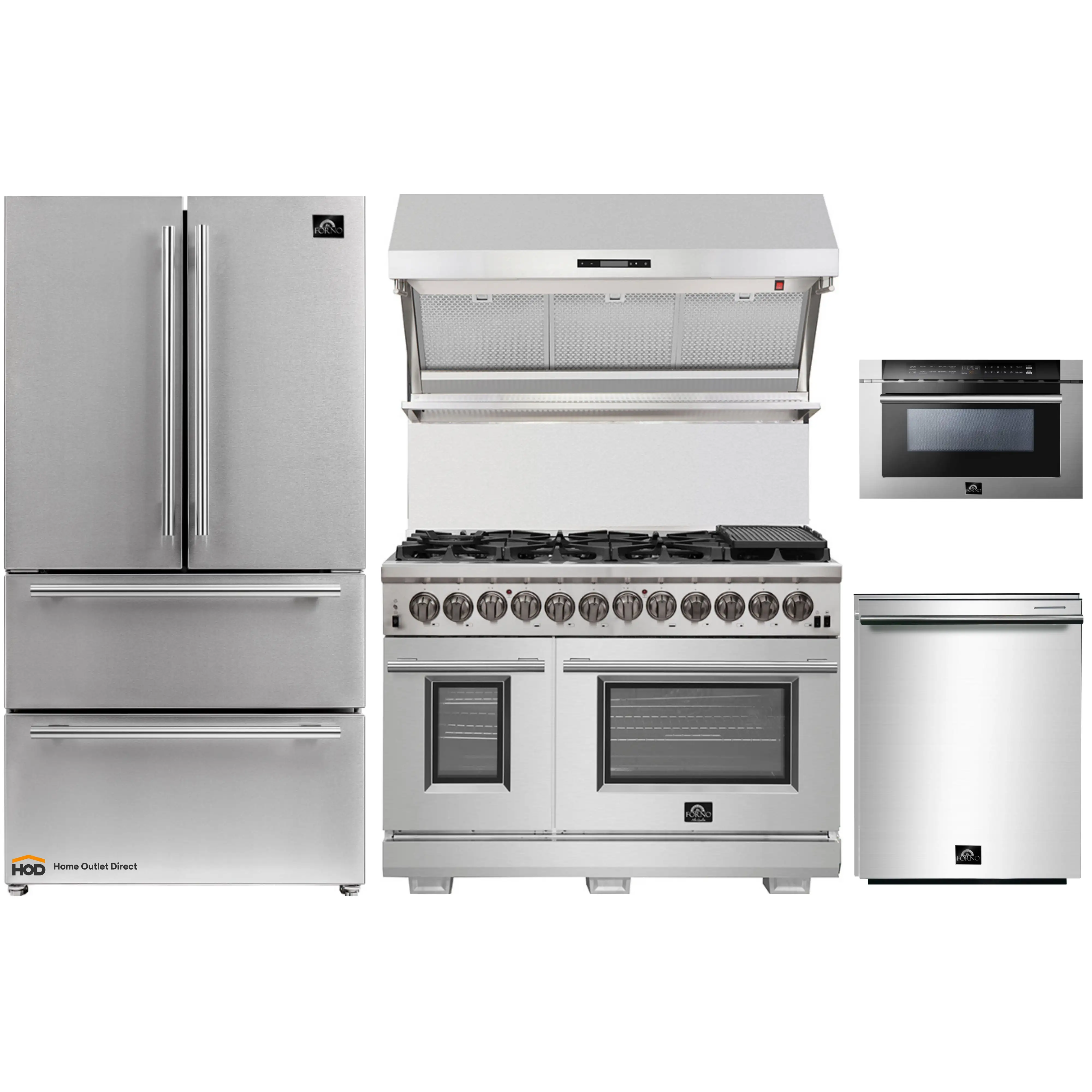Forno 5-Piece Pro Appliance Package - 48-Inch Dual Fuel Range, Refrigerator, Wall Mount Hood with Backsplash, 24-Inch Microwave Drawer, & 3-Rack Dishwasher in Stainless Steel