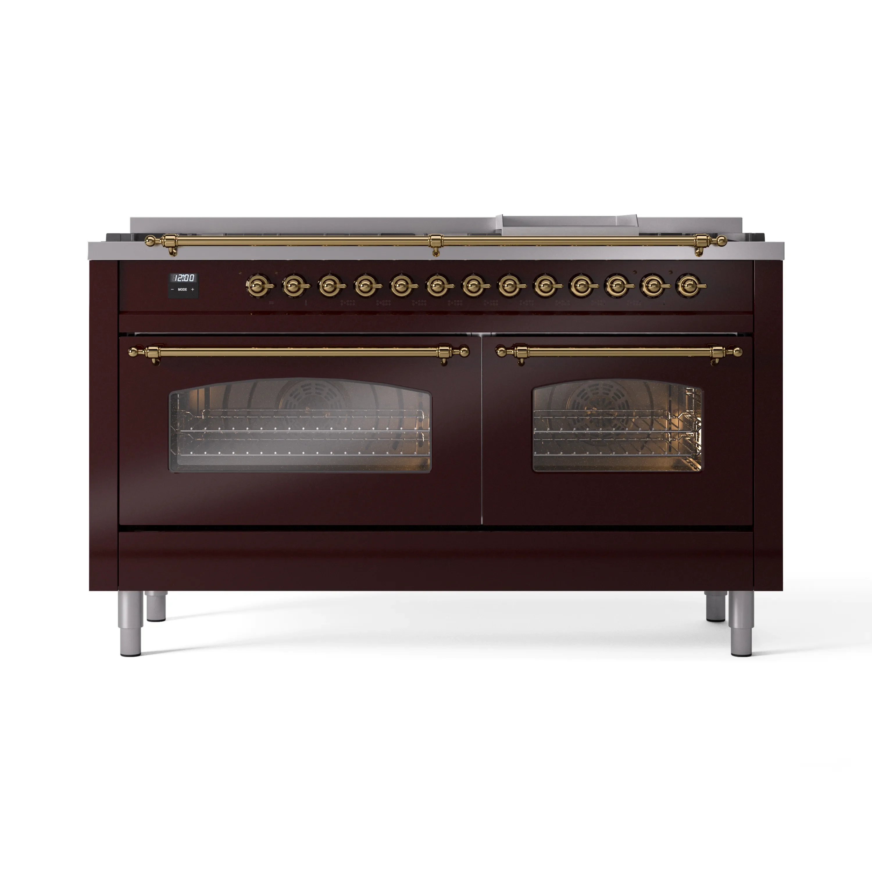 ILVE 60-Inch Nostalgie II Dual Fuel Range with 9 Burners, Griddle and Triple Glass Door Oven in Burgundy with Brass Trim (UP60FNMPBUG)