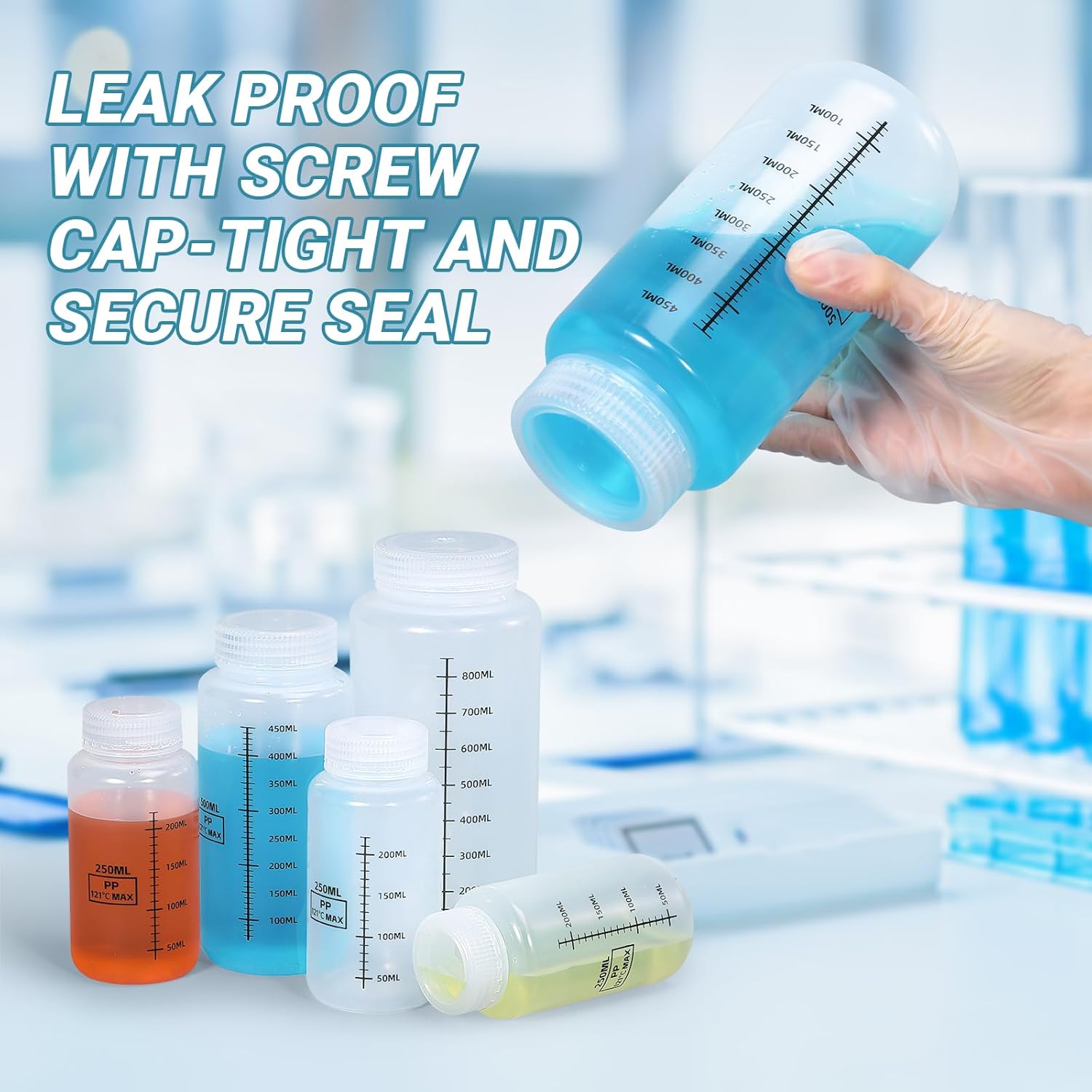 50Pack Reagent Bottle Plastic Sample Bottles with Screw Caps, 34oz Translucent PP Leak Proof Wide Mouth Liquids/Powder Container Medicine Jars for Liquids, Laboratory, Storage at Home