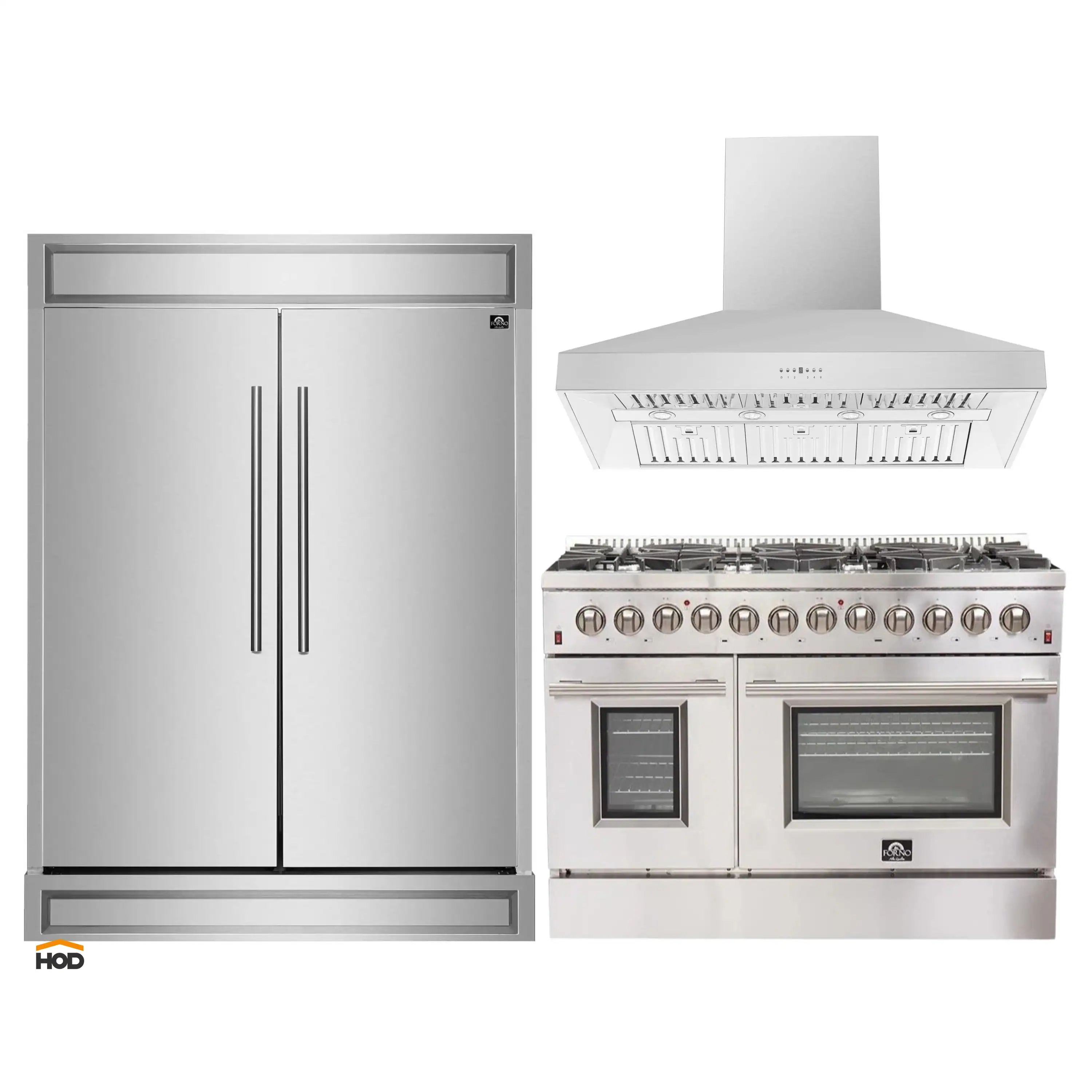 Forno 3-Piece Appliance Package - 48-Inch Dual Fuel Range, Refrigerator, & Wall Mount Hood in Stainless Steel