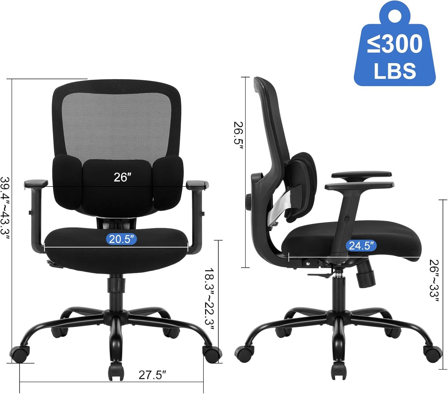 Ergonomic Office Chair, Ergonomic Desk Chair with Adjustable Height, Lumbar Support, High Back Mesh Support with Adjustable Armrests, Task Chairs for Home Office Computer-350LBS