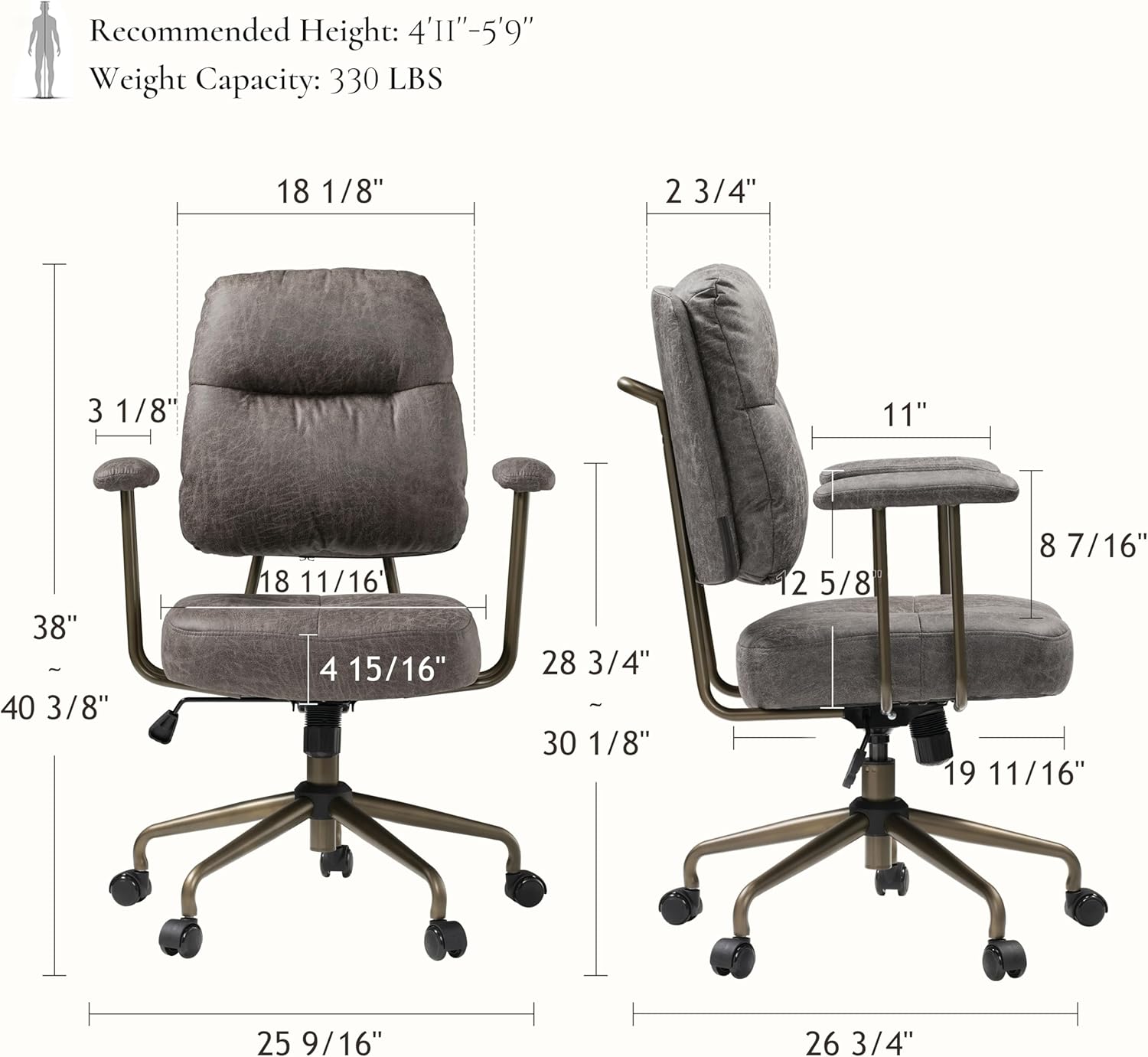 EUREKA ERGONOMIC Becky Mid Century Modern Office Desk Chairs Leather, Comfy Office Chair with Lumbar Support and Arms, Mid Back, Comfortable Thick Cushion, Height Adjustable, 360°Swivel, Cement Grey