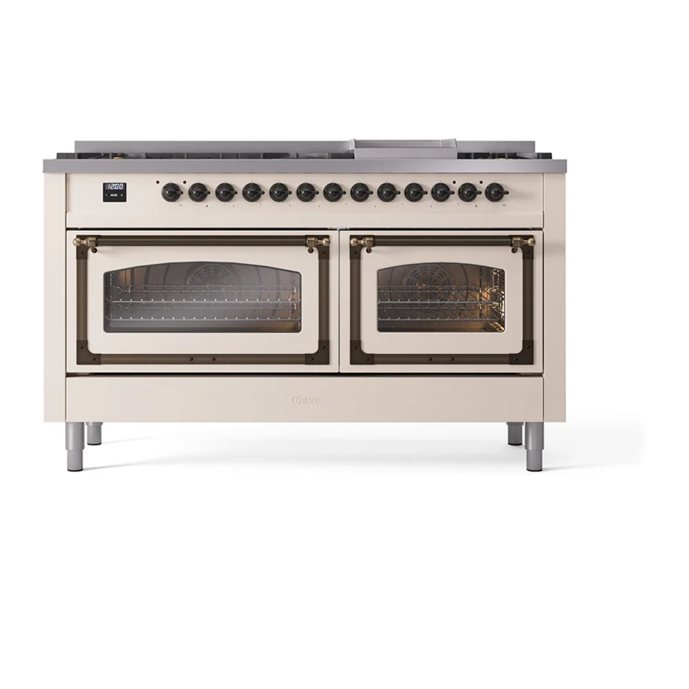 ILVE 60-Inch Nostalgie II Noblesse Dual Fuel Range with 9 Sealed Burners, Griddle, Triple Glass Door Oven in Antique White with Bronze Trim (UN60FNMPAWB)