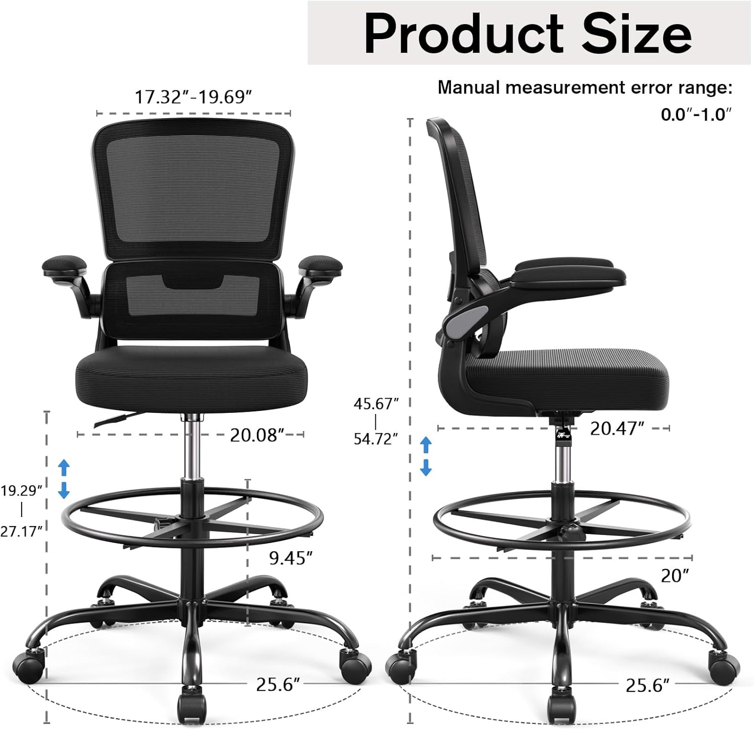 Ergonomic Drafting Chair with Footrest,Tall Office Chair for Standing Desk with Flip-up Armrests with Breathable Comfy Mesh Support and Adjustable Foot Rest Ring(Black)