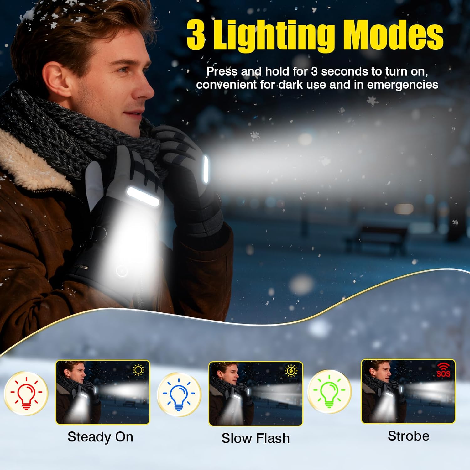 Heated Gloves with LED Flashlight, 7500mAh*2 Rechargeable Heated Gloves for Men Women, 3 Heating Modes with Touchscreen, Waterproof Electric Heated Ski Glove for Winter Outdoor Work Camping Arthritis