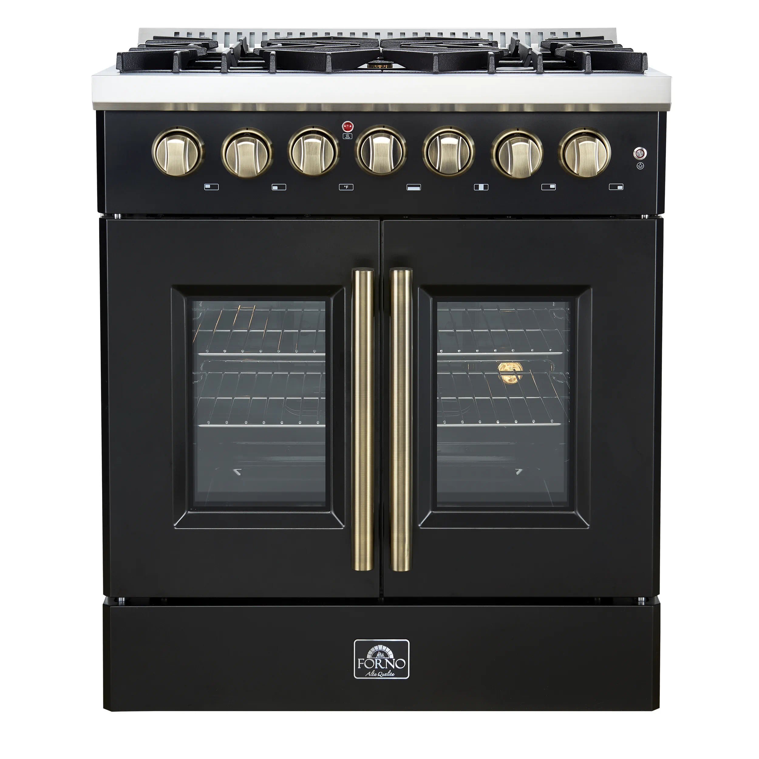 Forno Galiano 30-Inch French Door Dual Fuel Range with 5 Gas Burners and 4.32 Cu.Ft. Electric Convection Oven in Black with Antique Brass Trim (FFSGS6356-30BLK)