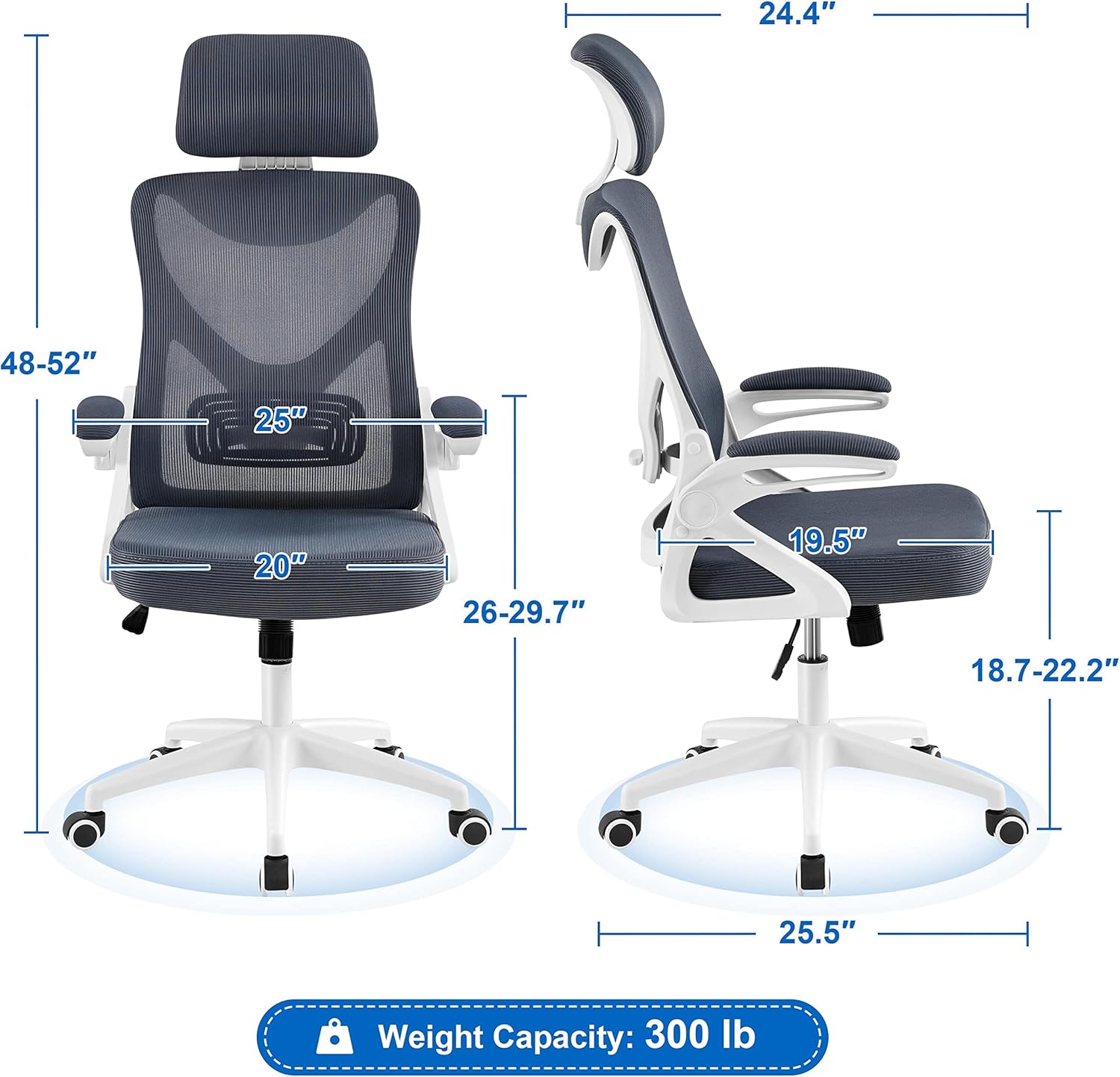 Yaheetech Ergonomic Mesh Office Chair, High Back Desk Chair with flip-up Armrests, Adjustable Padded Headrest Lumbar Support for Home Oiffce Game Room, White/Gray