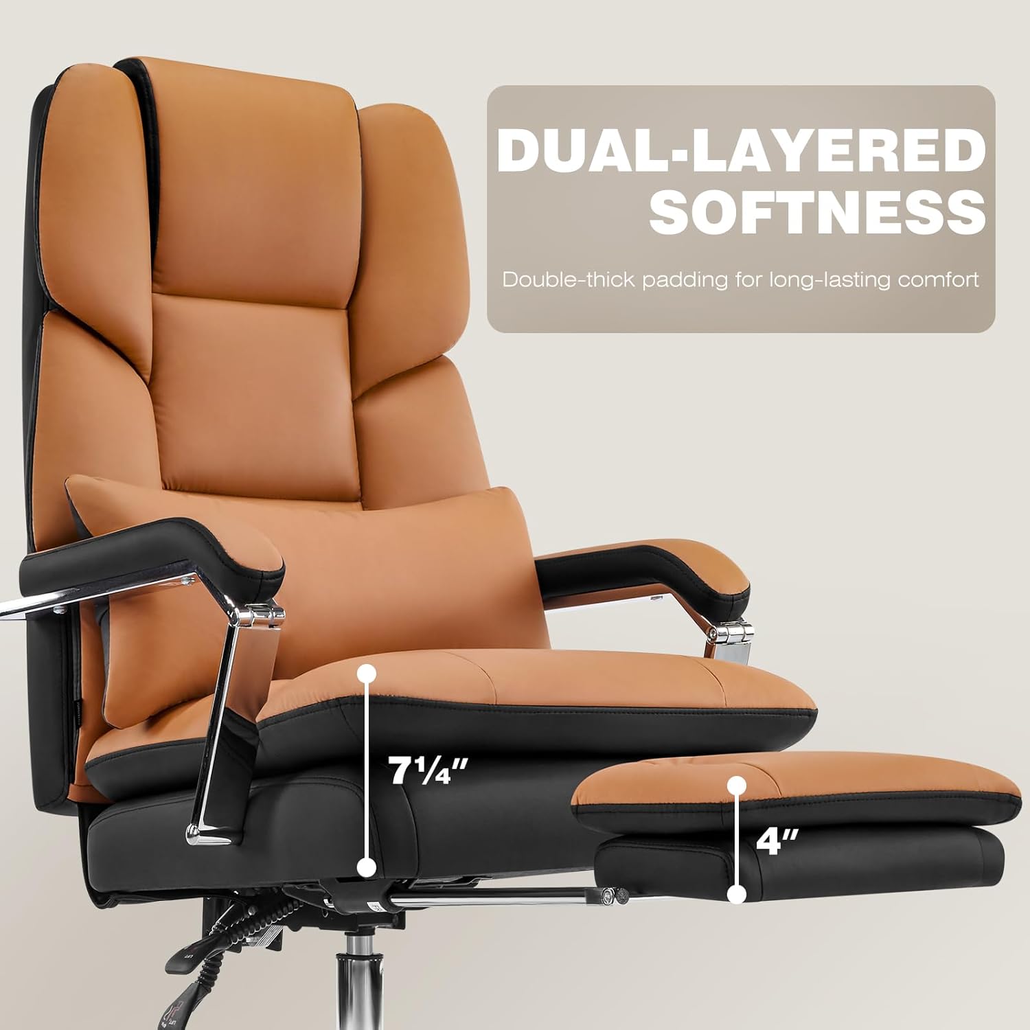 Furniliving Executive Leather Office Chair with Footrest, Big and Tall Office Chair 500lbs,Wide Seat Reclining Desk Chair with Lumbar Support, Armrest, Brown