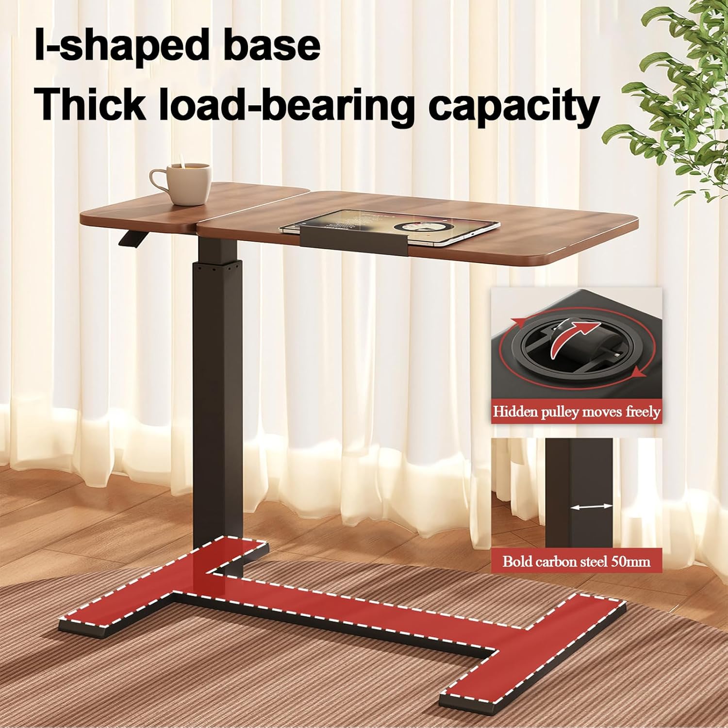 ELQ Solid Wood Overbed Bedside Table with Wheels, Adjustable Tilt Hospital Bed Table with Hidden Casters, Pneumatic Lifting, for Bedroom, Hospital, Couch, Office