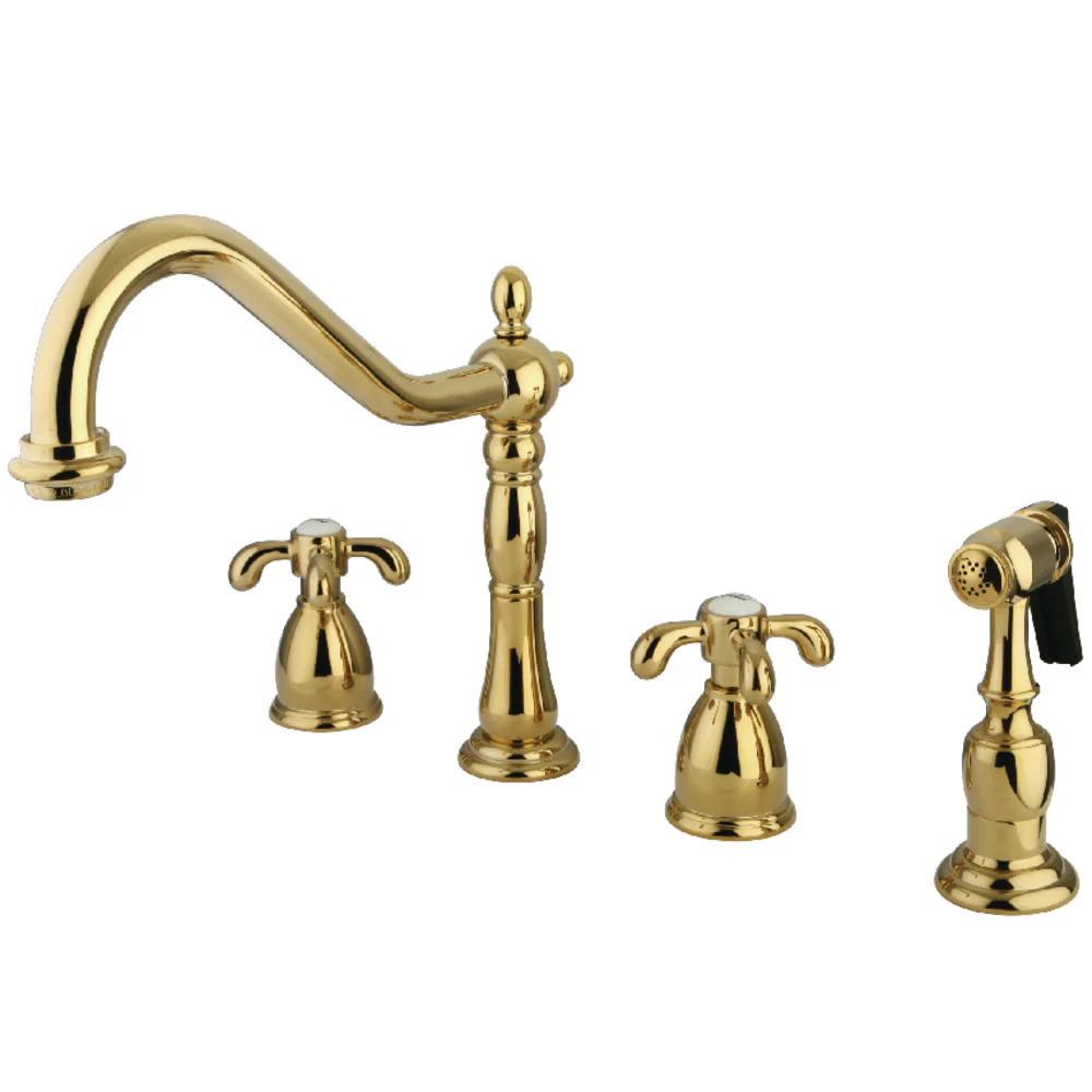 Kingston Brass French Country Double-Handle Widespread Kitchen Faucet with Brass Sprayer, Polished Brass (KB1792TXBS)