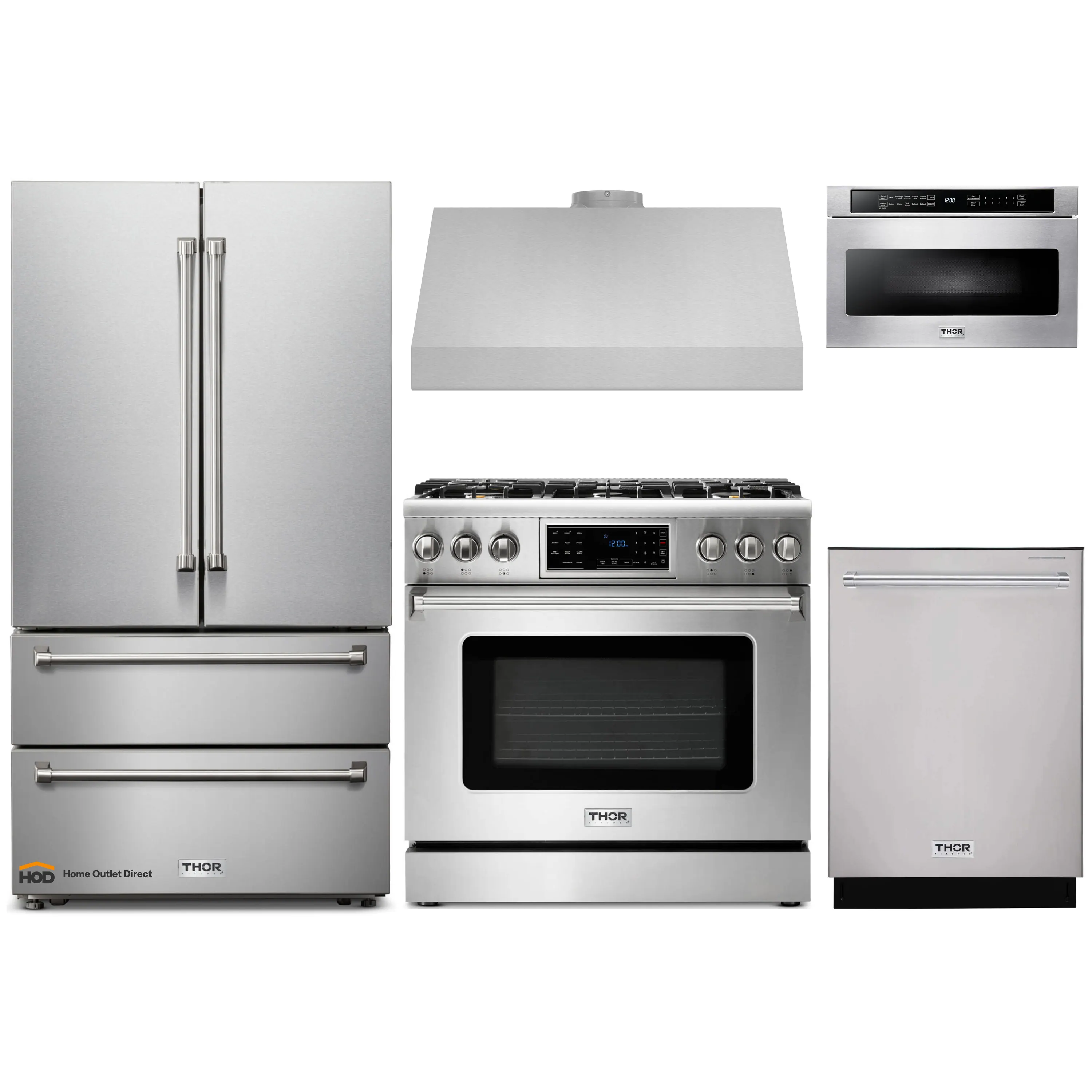 Thor Kitchen 5-Piece Appliance Package - 36-Inch Gas Range with Tilt Panel, French Door Refrigerator, Under Cabinet Hood, Dishwasher, and Microwave Drawer in Stainless Steel