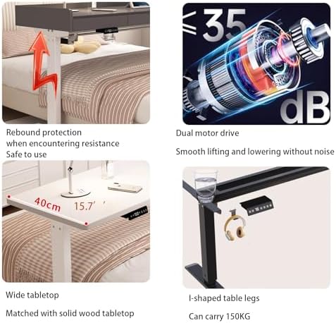 Adjustable Overbed Table with Wheels - Mobile Laptop Cart, Electric Lift Height & Drawer, Standing Workstation for Home Office & Hospital Use