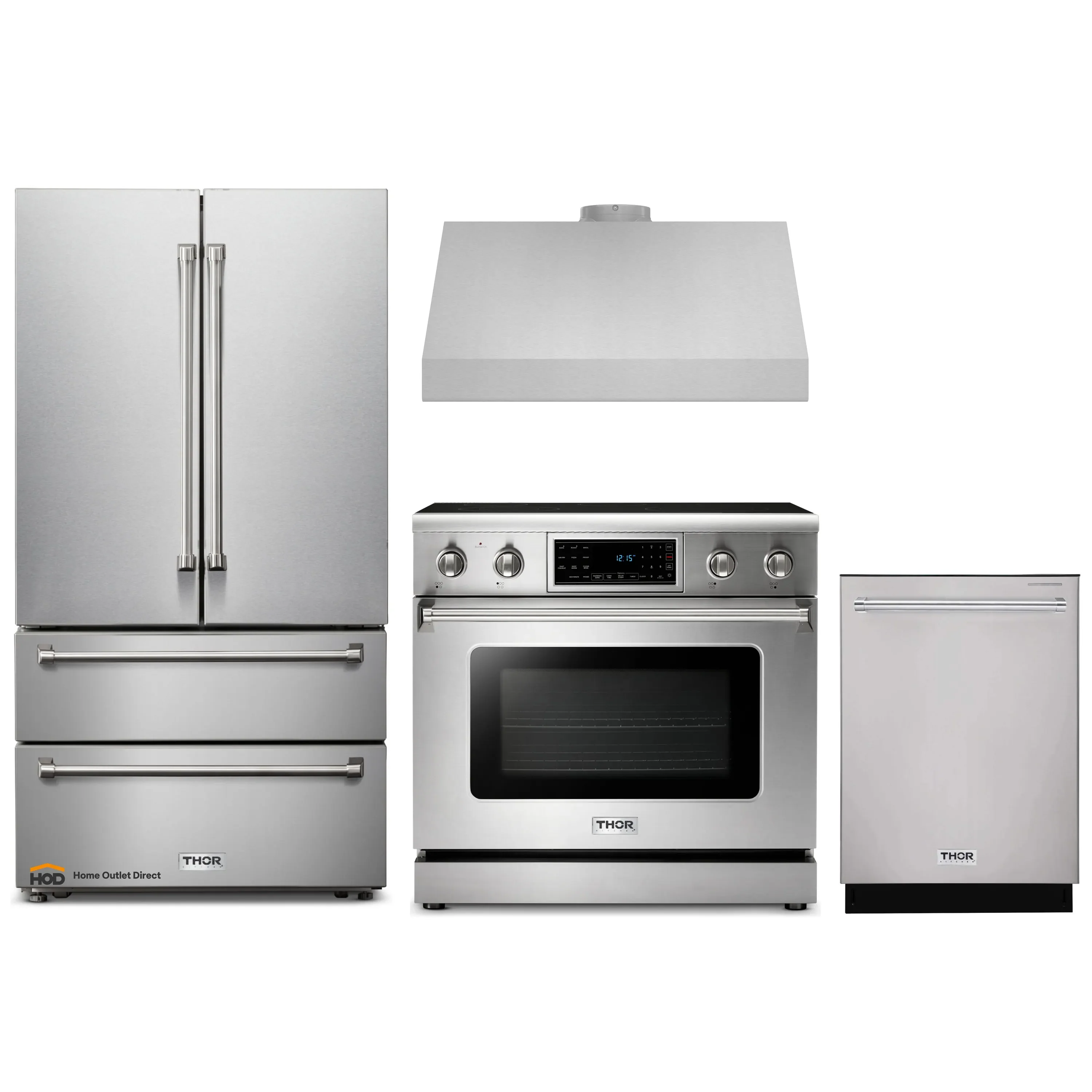 Thor Kitchen 4-Piece Appliance Package - 36-Inch Electric Range with Tilt Panel, French Door Refrigerator, Under Cabinet Hood, and Dishwasher in Stainless Steel