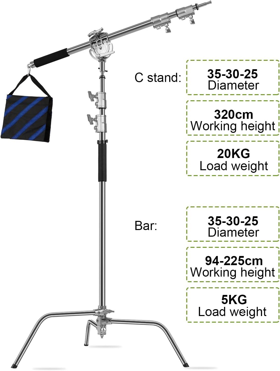 GVM Photography Heavy Duty C Stand with Boom Arm - Max Height 10ft/3.2m, 3ft/1m to 7ft/2.25m Holding Arm Kit for Reflectors, Softboxes, Monolights