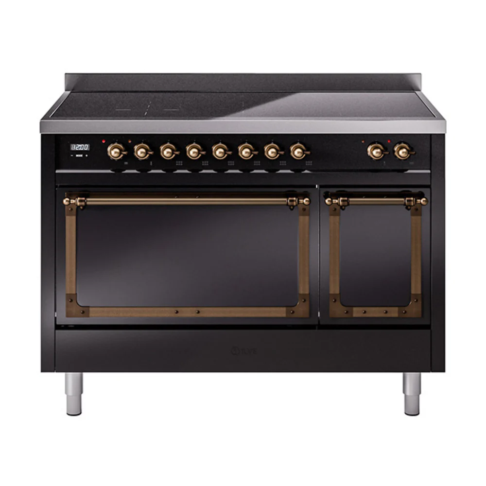 ILVE Nostalgie II Noblesse 48-Inch Induction Range with Solid Door Oven in Glossy Black with Bronze Trim (UNI486QNMPBKB)