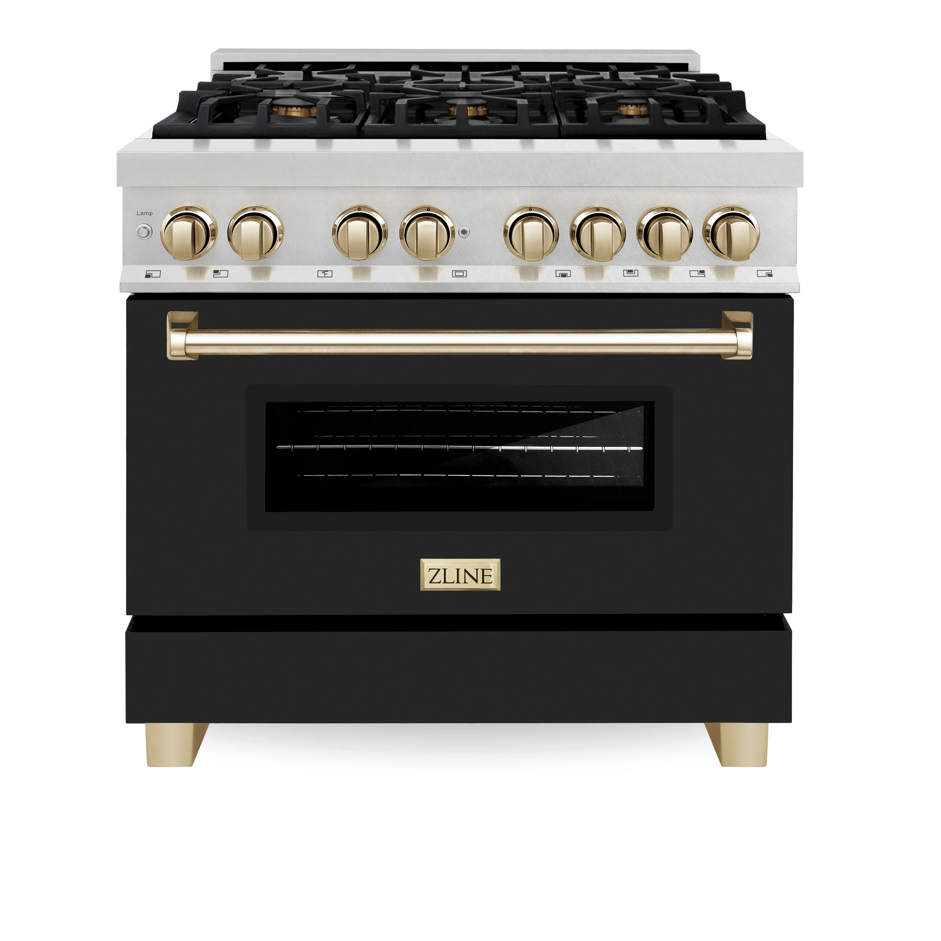 ZLINE Legacy Series Autograph Edition 36-inch Dual Fuel Range with Gas Stove and 4.6 Cu. Ft. Electric Oven in Fingerprint Resistant Fingerprint Resistant DuraSnow® Stainless Steel with Black Matte Door and Polished Gold Accents (RASZ-BLM-36-G)