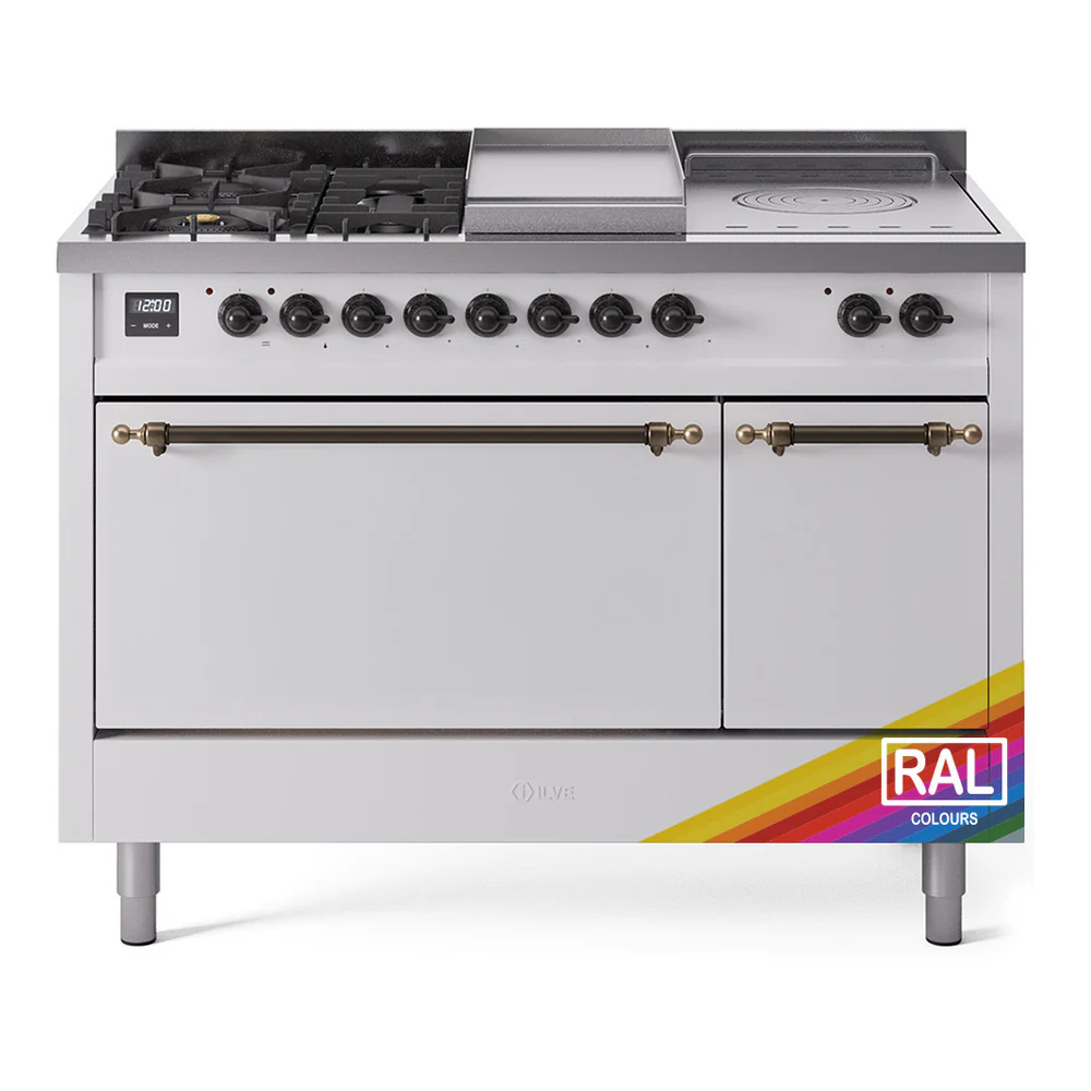 ILVE Nostalgie II 48-Inch Dual Fuel Range with 5 Burners, Griddle, & French Top, with Solid Door Oven in Custom RAL with Bronze Trim (UP48FSQNMPRAB)