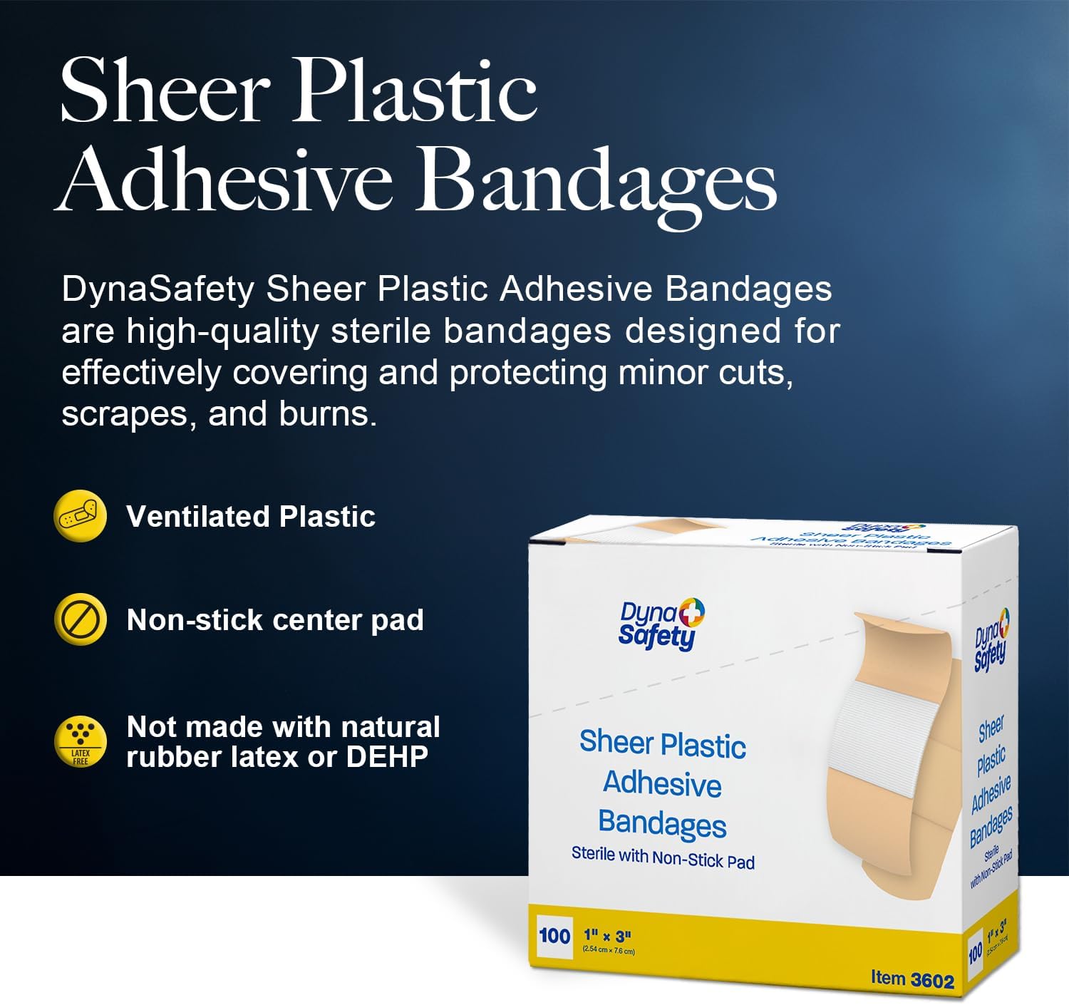 Dynarex Sheer Plastic Adhesive Bandages Water-Resistant and Sterile Non-Stick Pad First Aid Covers Minor Cuts Scratches - 1