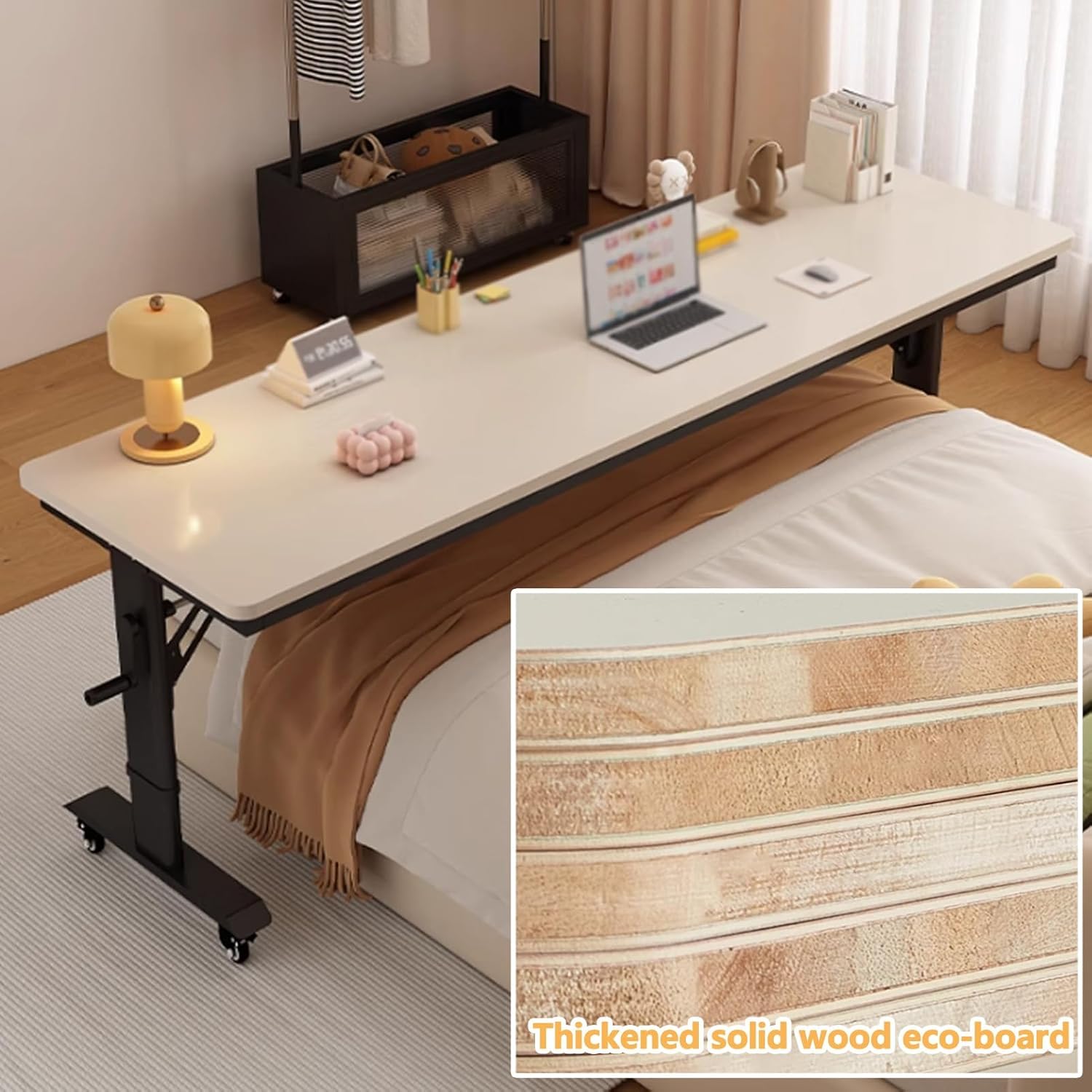 Adjustable Height Overbed Table, Rolling Bed Desk with Hand Crank and 360° Wheels, Cross-Bed Computer Desk, Mobile Laptop Cart for Bedroom, King Size Beds(Black,90.5x19.6in)