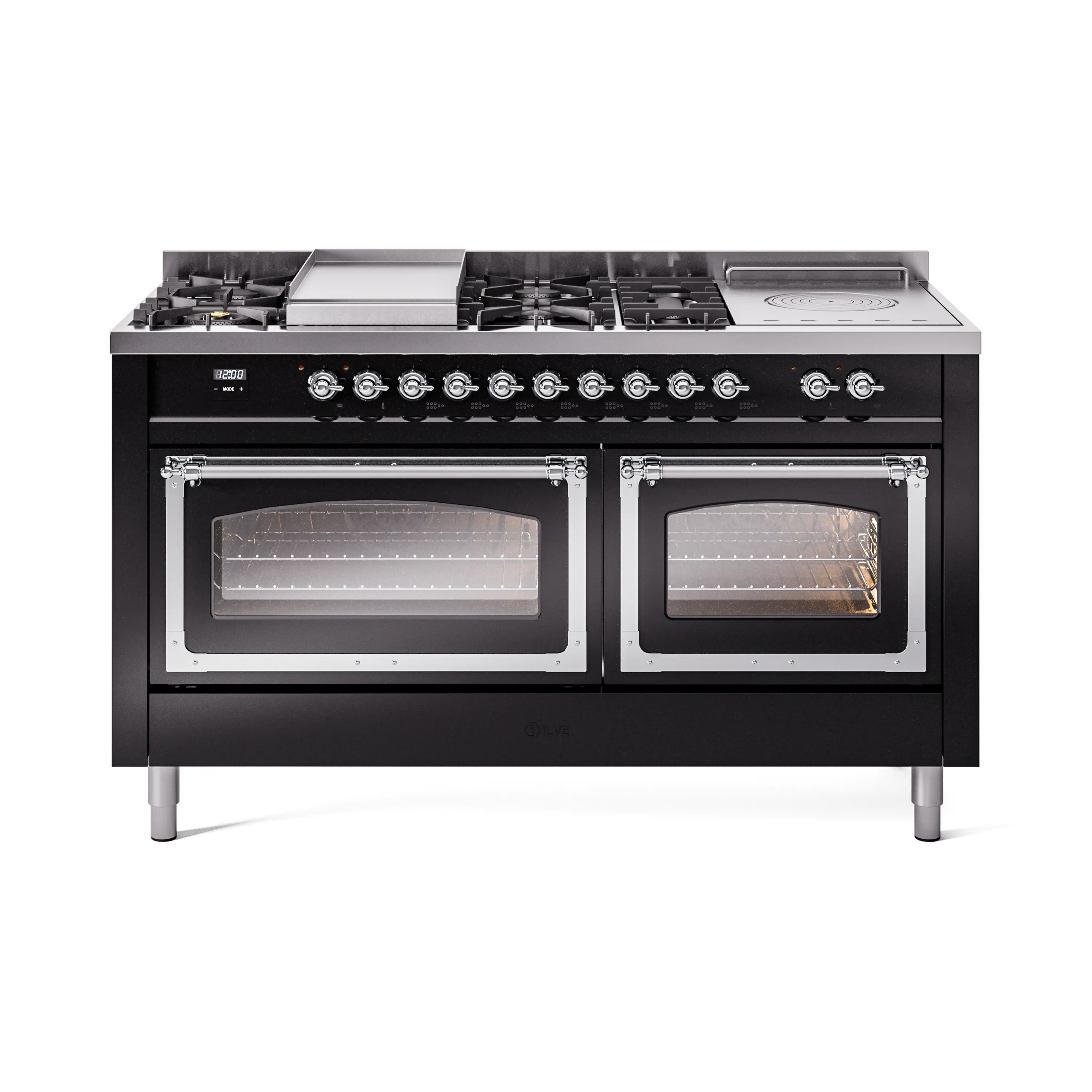ILVE 60-Inch Nostalgie II Noblesse Dual Fuel Range with 7 Sealed Burners, Griddle, French Top and Triple Glass Door Oven in Glossy Black with Chrome Trim (UN60FSNMPBKC)