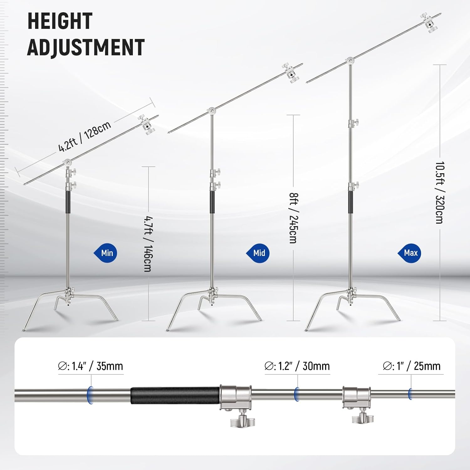 NEEWER Basics 100% Stainless Steel Heavy Duty C Stand with Boom Arm, Max 10.5ft/320cm Photography Light Stand, 4.2ft/128cm Holding Arm, 2 Grip Heads for Studio Monolight Softbox Reflector, SC320 Lite