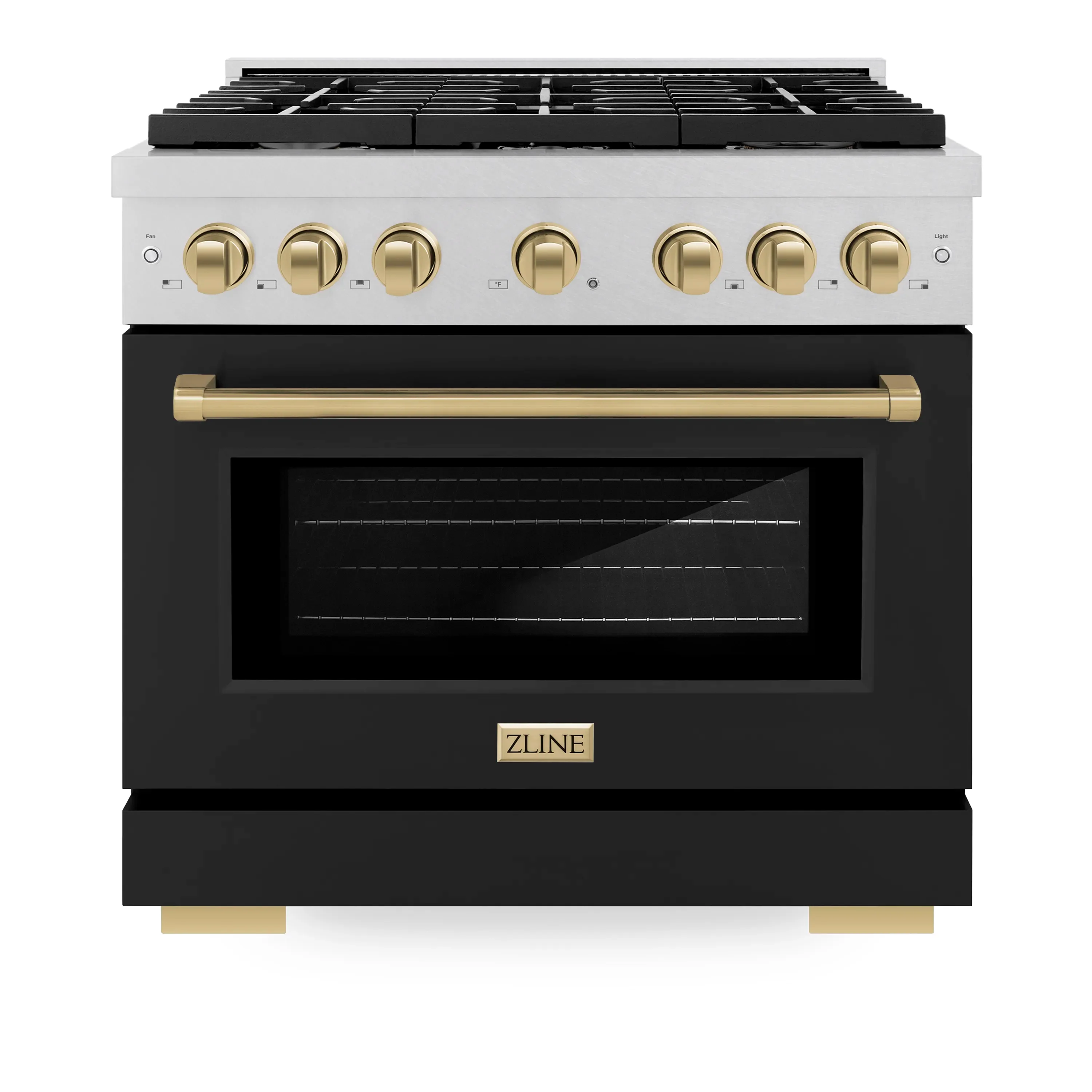 ZLINE Autograph Edition 36-Inch 5.2 cu. ft. Paramount Dual Fuel Range with 6 Burner Gas Cooktop and Electric Convection Oven in Satin Stainless Steel with Black Matte Door and Champagne Bronze Accents (SDRSZ-BLM-36-CB)