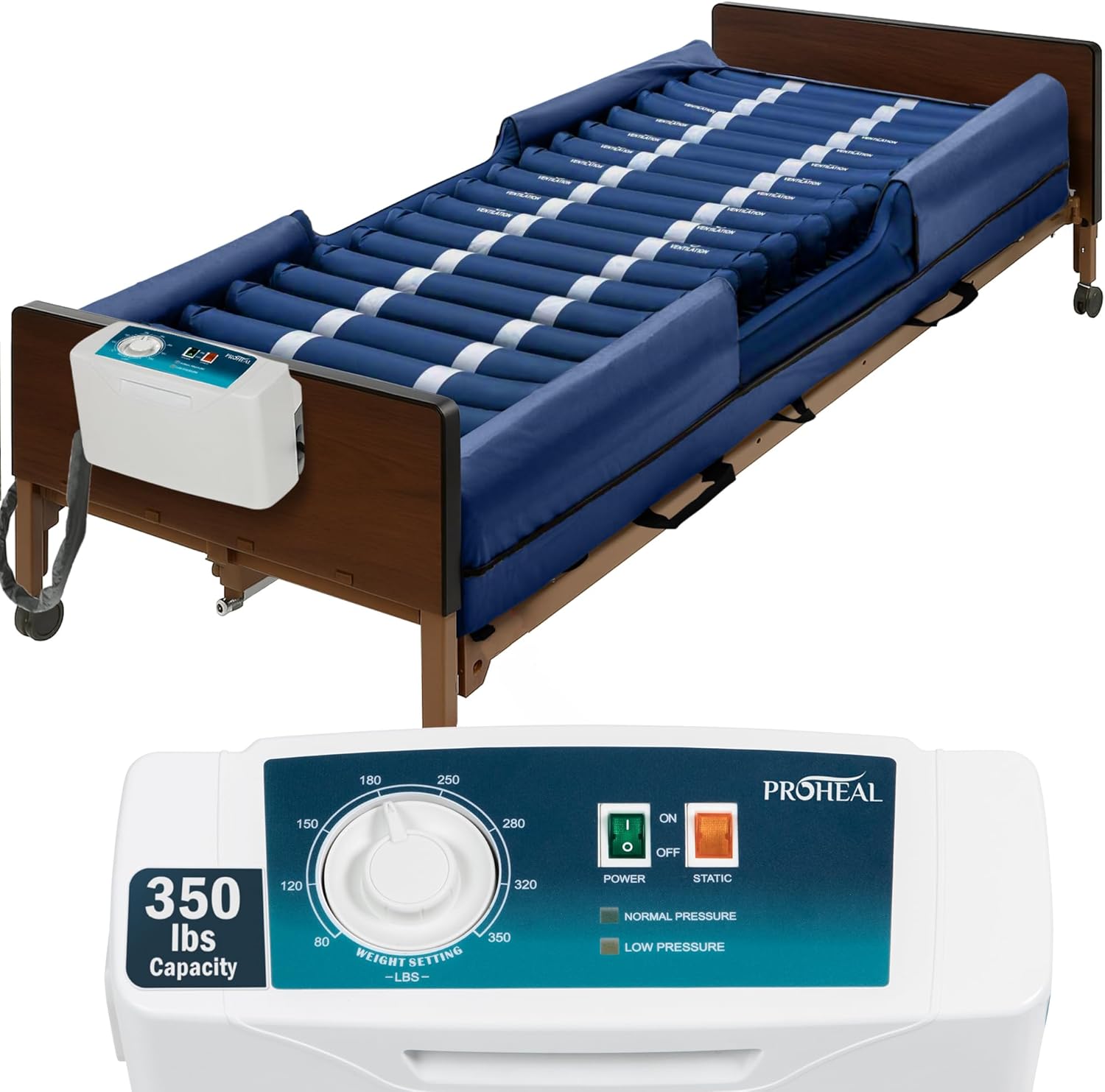 ProHeal Low Air Loss Alternating Pressure Mattress and Overlay - Pressure Surfaces for Bed Sores with Silent Pump for Hospital Bed with Analog Controls (Mattress, 36