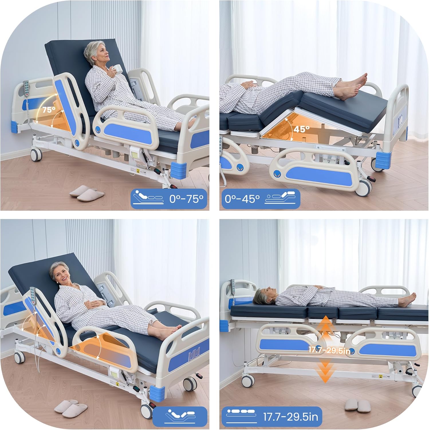 Careboda Premium 5 Function Full Electric Hospital Bed, Hospital Bed with PU Advanced Mattress, Quiet Wheels & IV Pole, ICU Electric Medical Bed with Core Motor, 85