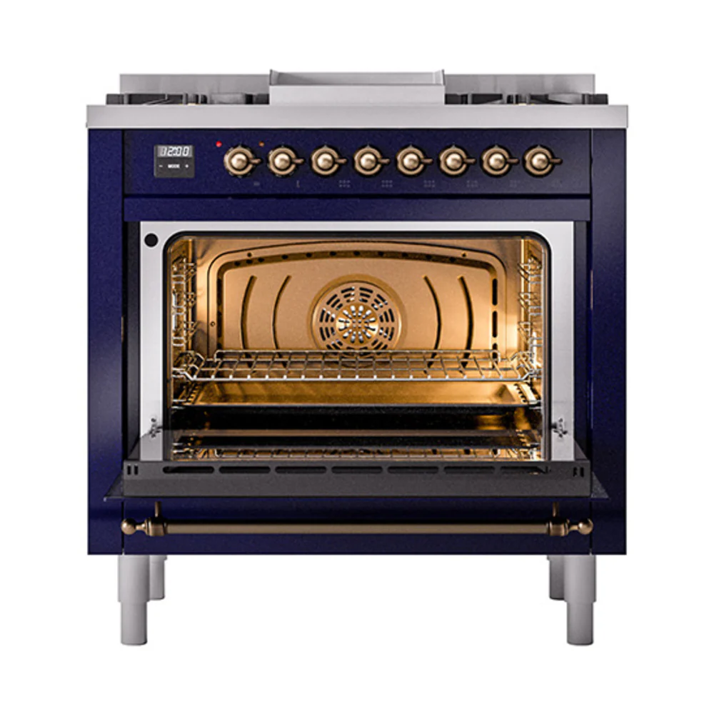 ILVE 36-Inch Nostalgie II Dual Fuel Range with 6 Burners and Solid Door Oven in Midnight Blue with Bronze Trim (UP36FQNMPMBB)