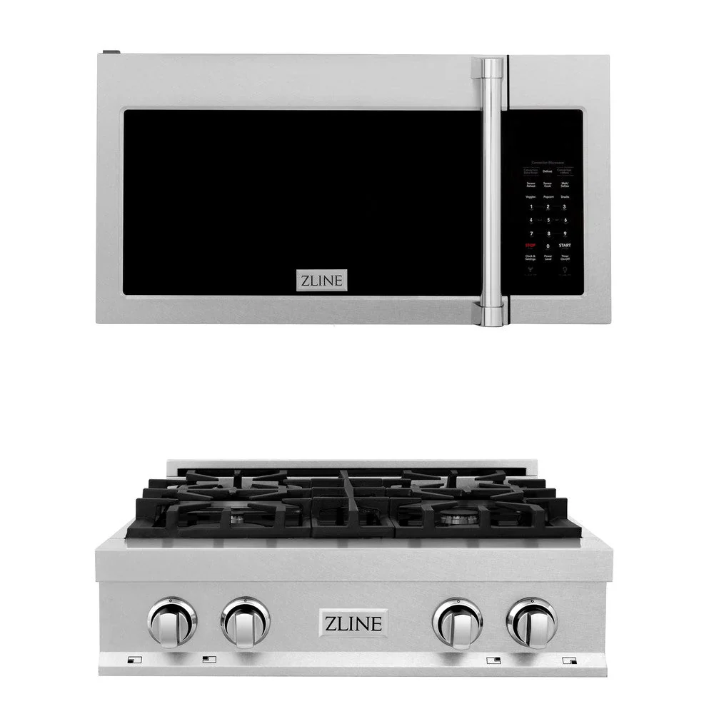 ZLINE 2-Piece Appliance Package - 30-Inch Rangetop and Over-the-Range Microwave with Modern Handle in Satin Stainless Steel (2KP-RTSOTR30)