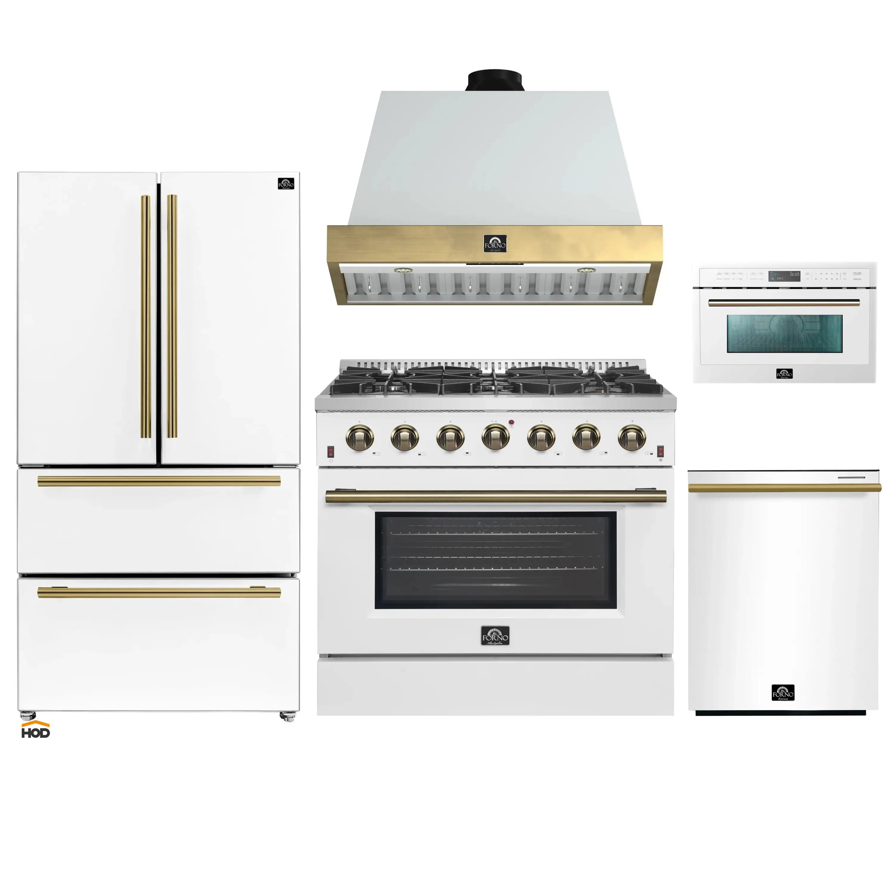 Forno Galiano 5-Piece Appliance Package - 36-Inch Gas Range, 36-Inch Hood, 36-Inch Refrigerator, 24-Inch Dishwasher, & 30-Inch Microwave Oven in White with Antique Brass Trim